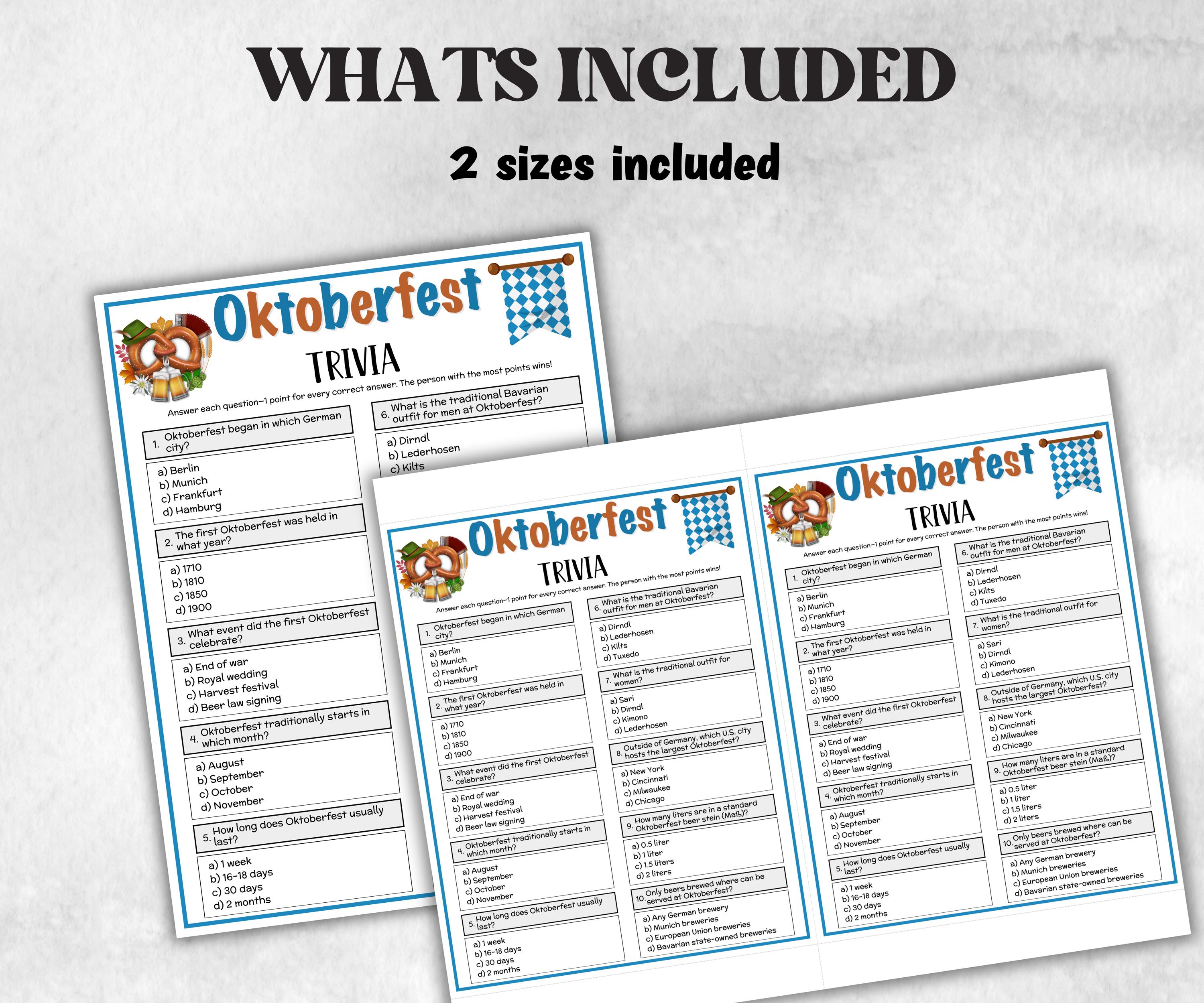 Printable Oktoberfest Trivia, Beer Theme Birthday, Seniors Trivia Night, summer Spring, Sunday School, Beer Festival, Pretzel Party,bavarian-Holidays -TheHustlingCatLady-Party Games