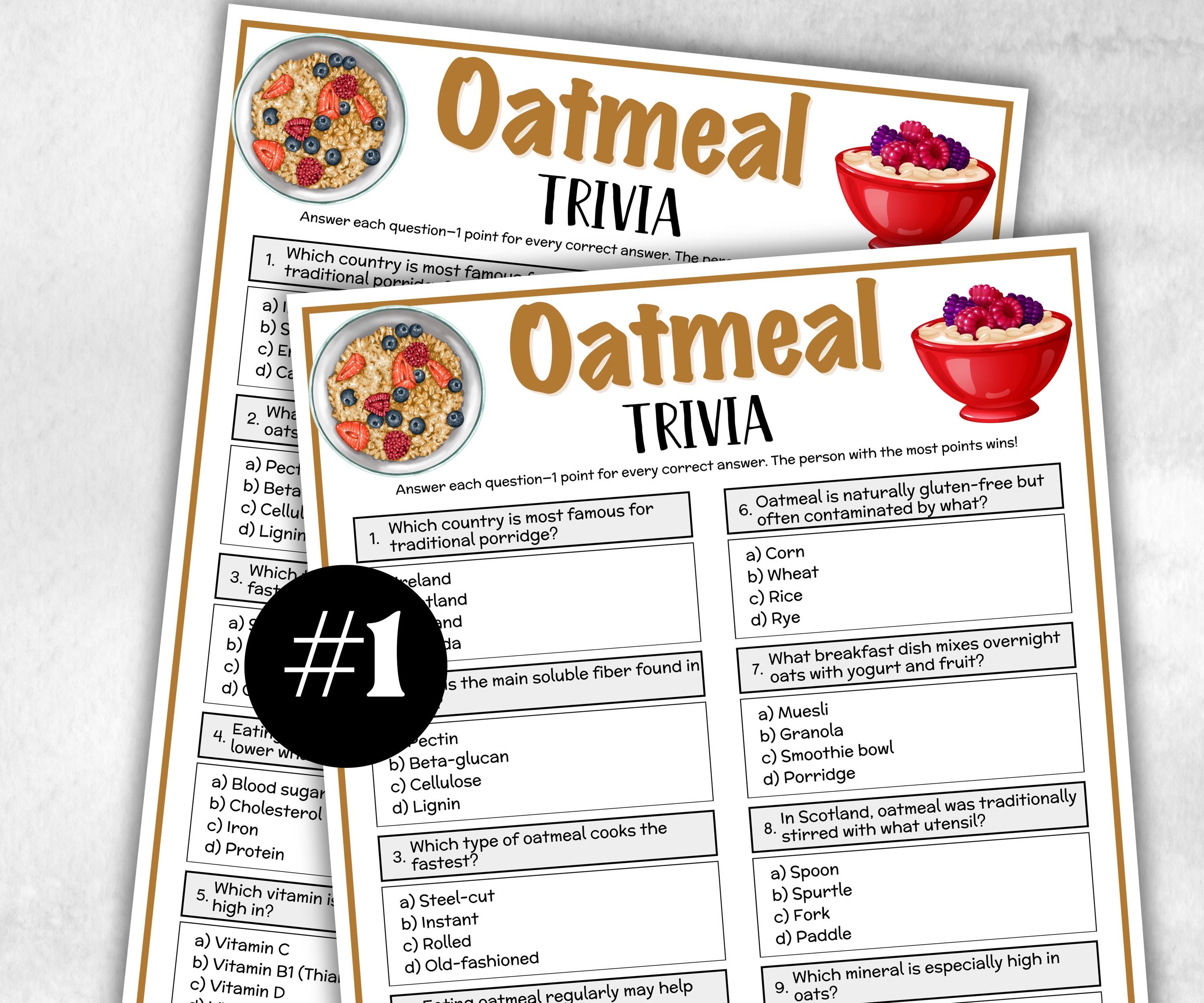 Printable Oatmeal Trivia, Breakfast Theme Birthday, Seniors Trivia Night, summer Spring, Sunday School, Women Ministry, cute Babyshower game-Holidays -TheHustlingCatLady-Party Games