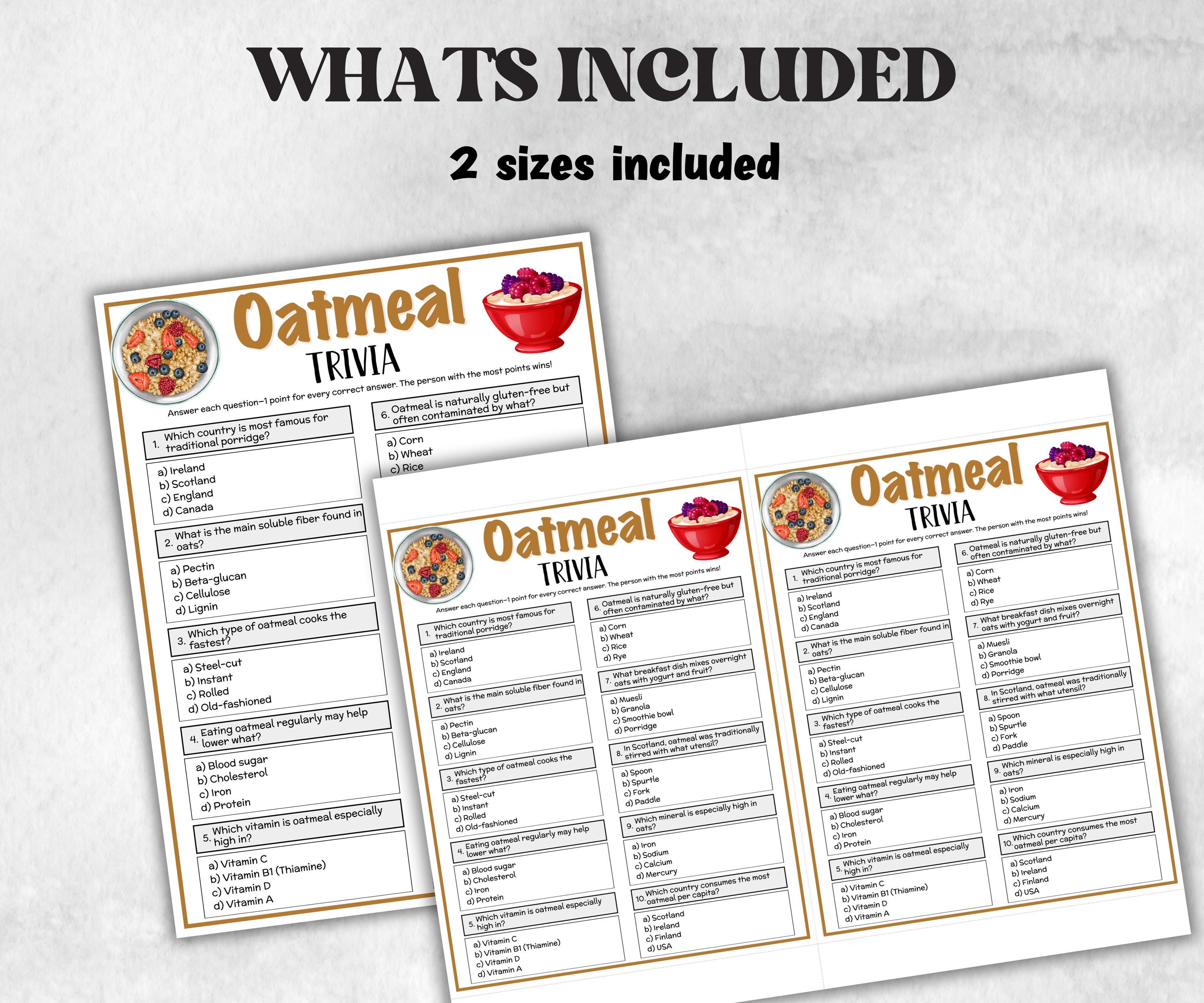 Printable Oatmeal Trivia, Breakfast Theme Birthday, Seniors Trivia Night, summer Spring, Sunday School, Women Ministry, cute Babyshower game-Holidays -TheHustlingCatLady-Party Games