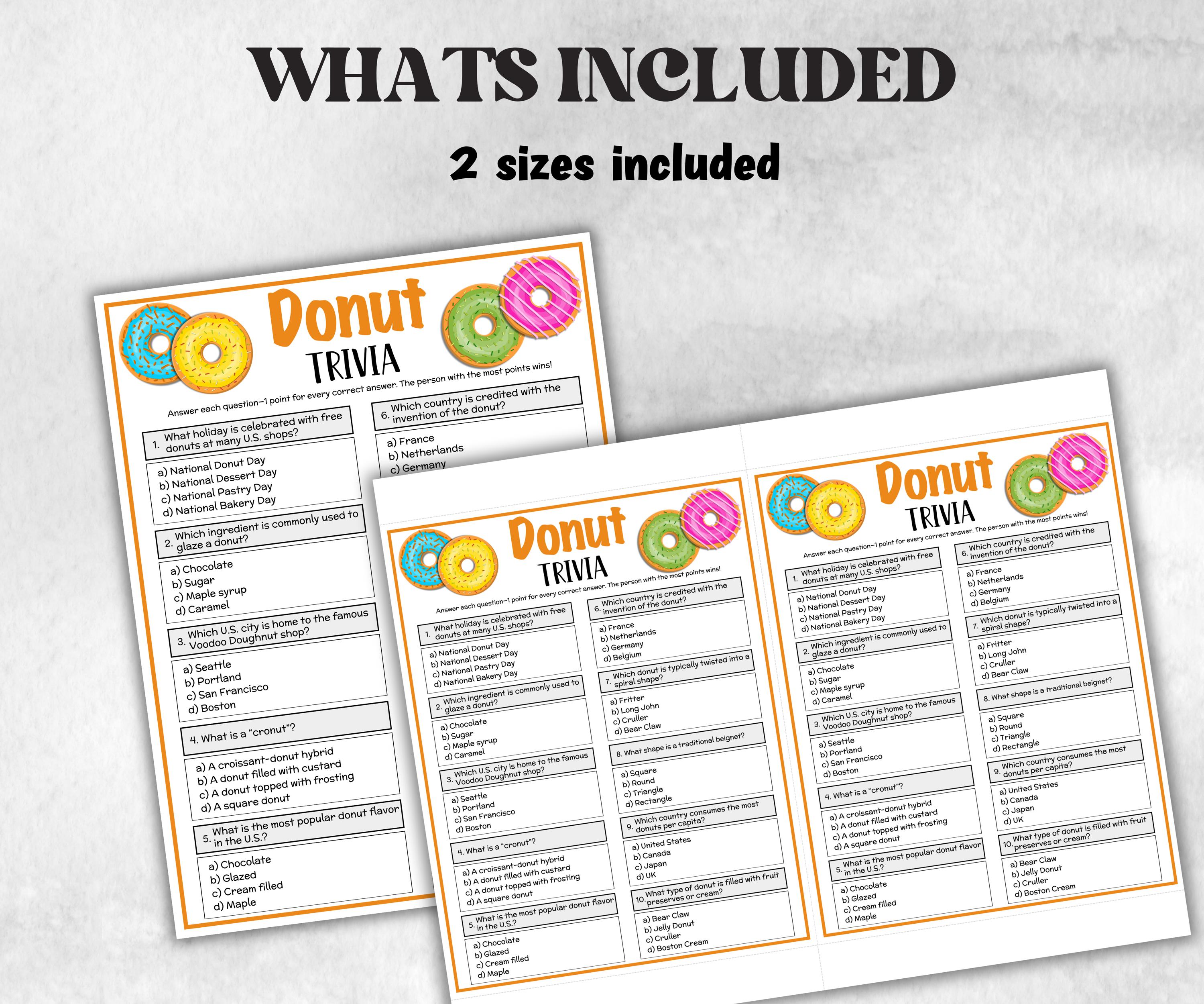 Printable Donut Trivia, Theme Birthday, Senior Trivia Night, summer Spring, Sunday School, Women Ministry, Sweets Baby Shower, bridal shower-Holidays -TheHustlingCatLady-Party Games