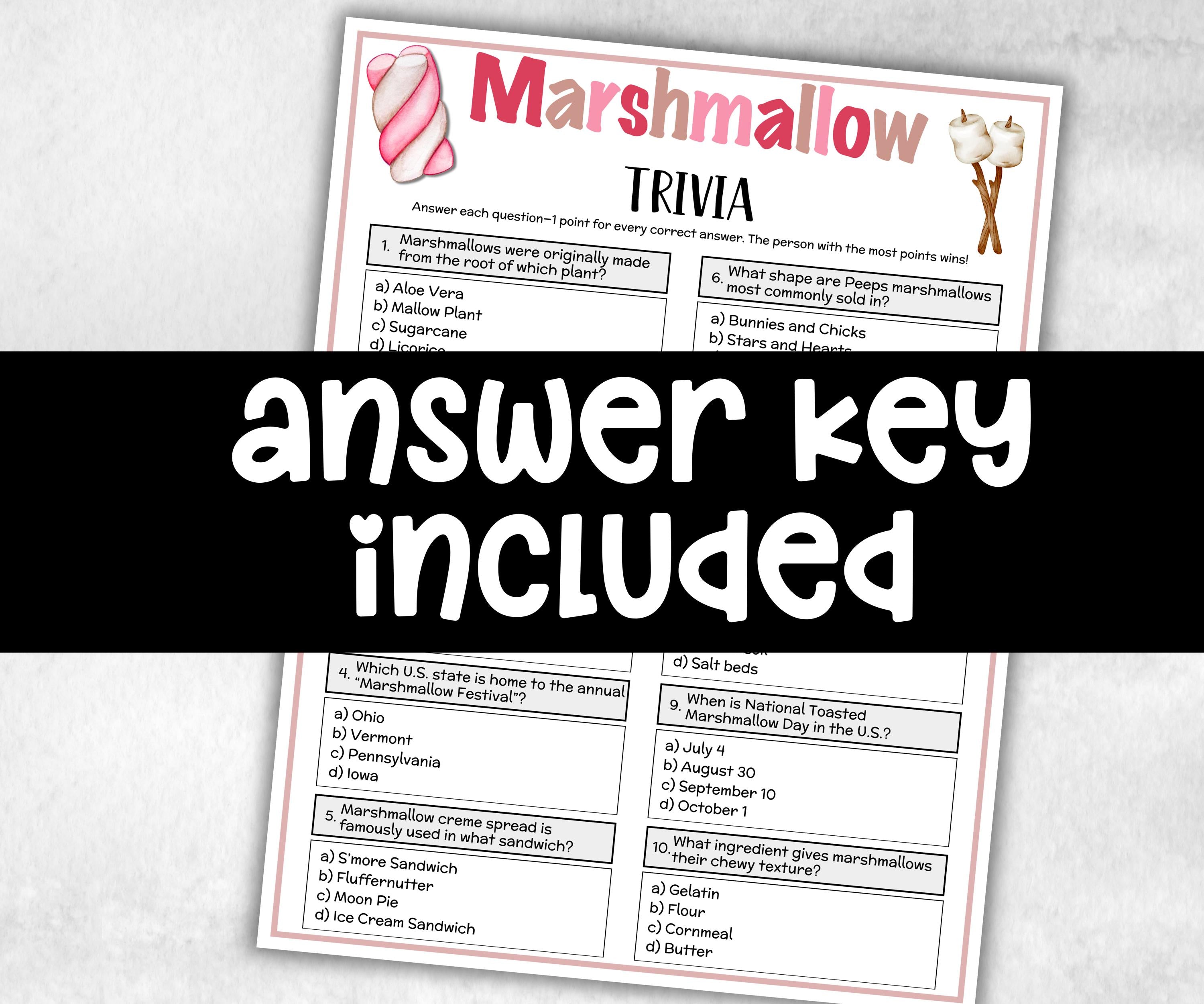 Marshmallow Trivia, Camping theme Birthday, Senior Trivia Night, summer Spring, Sunday School, Women Ministry, Sweets Baby Shower, S'mores-Holidays -TheHustlingCatLady-Party Games