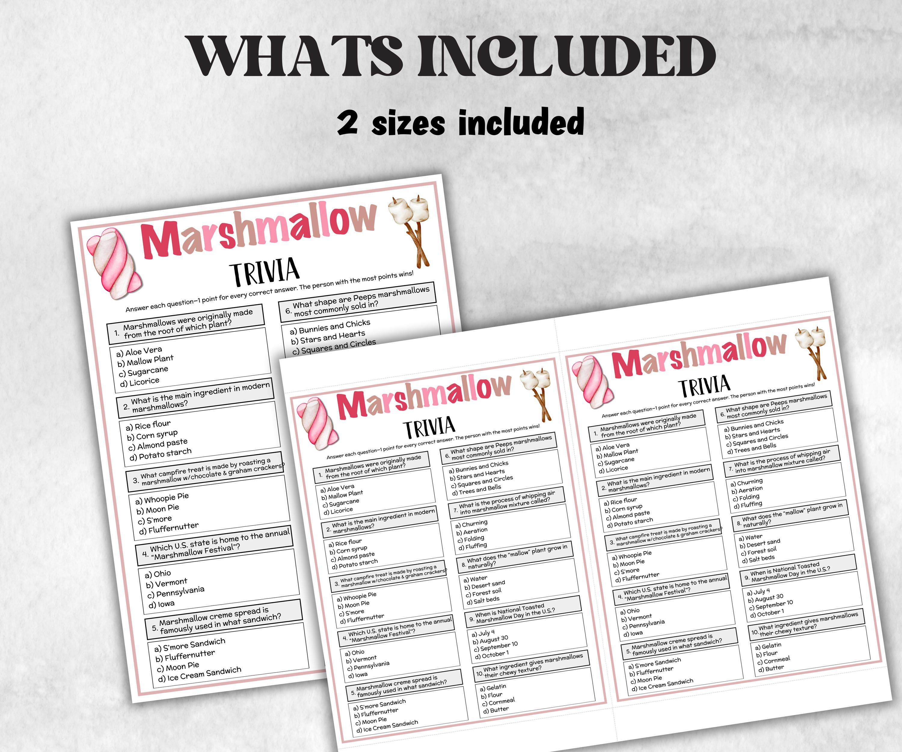 Marshmallow Trivia, Camping theme Birthday, Senior Trivia Night, summer Spring, Sunday School, Women Ministry, Sweets Baby Shower, S'mores-Holidays -TheHustlingCatLady-Party Games