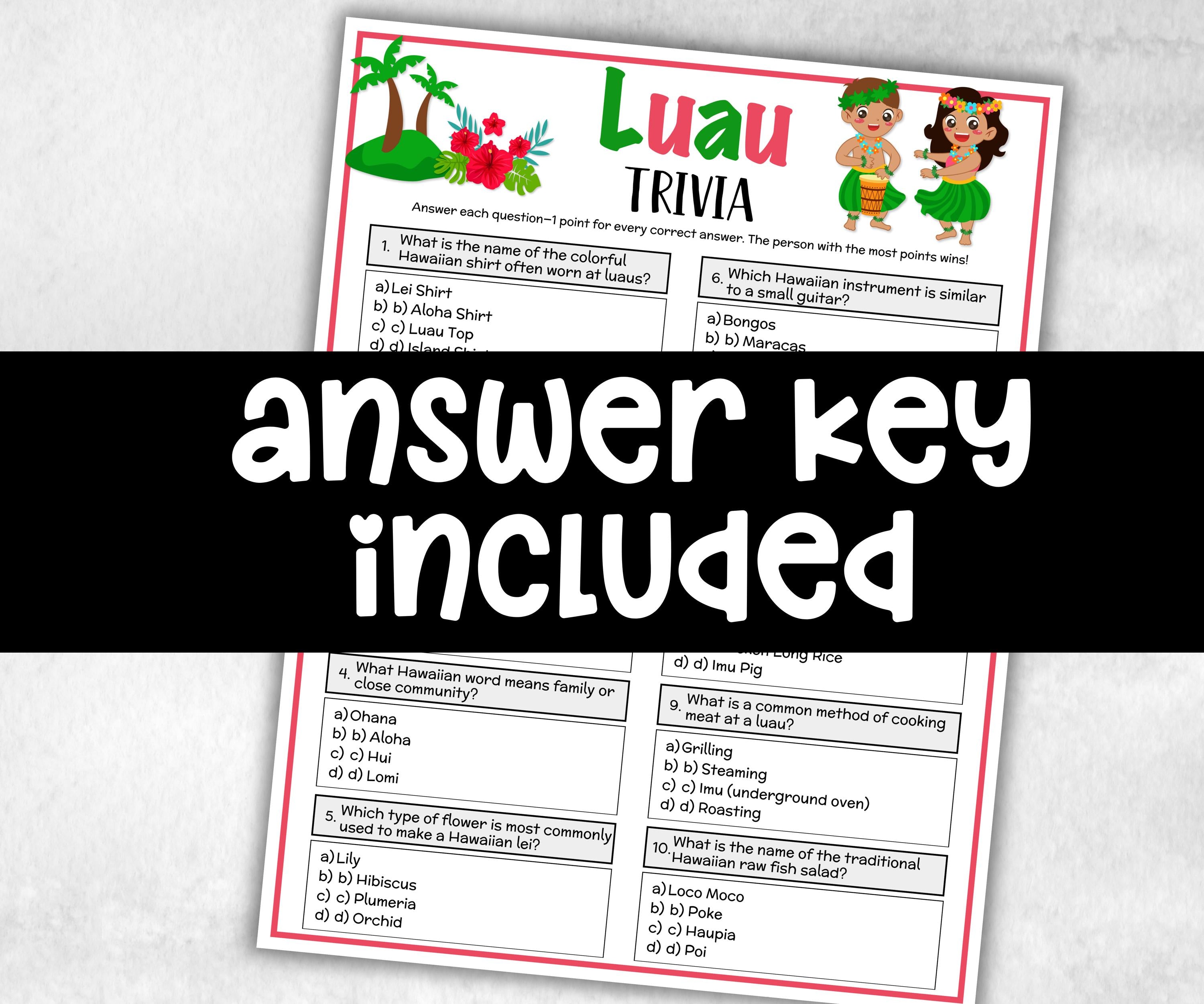 Luau Trivia, Aloha Beach Theme Birthday, Seniors Trivia Night, Sunday School, family reunion, Hawaii, summer group, Tropical tiki party fun-Holidays -TheHustlingCatLady-Party Games