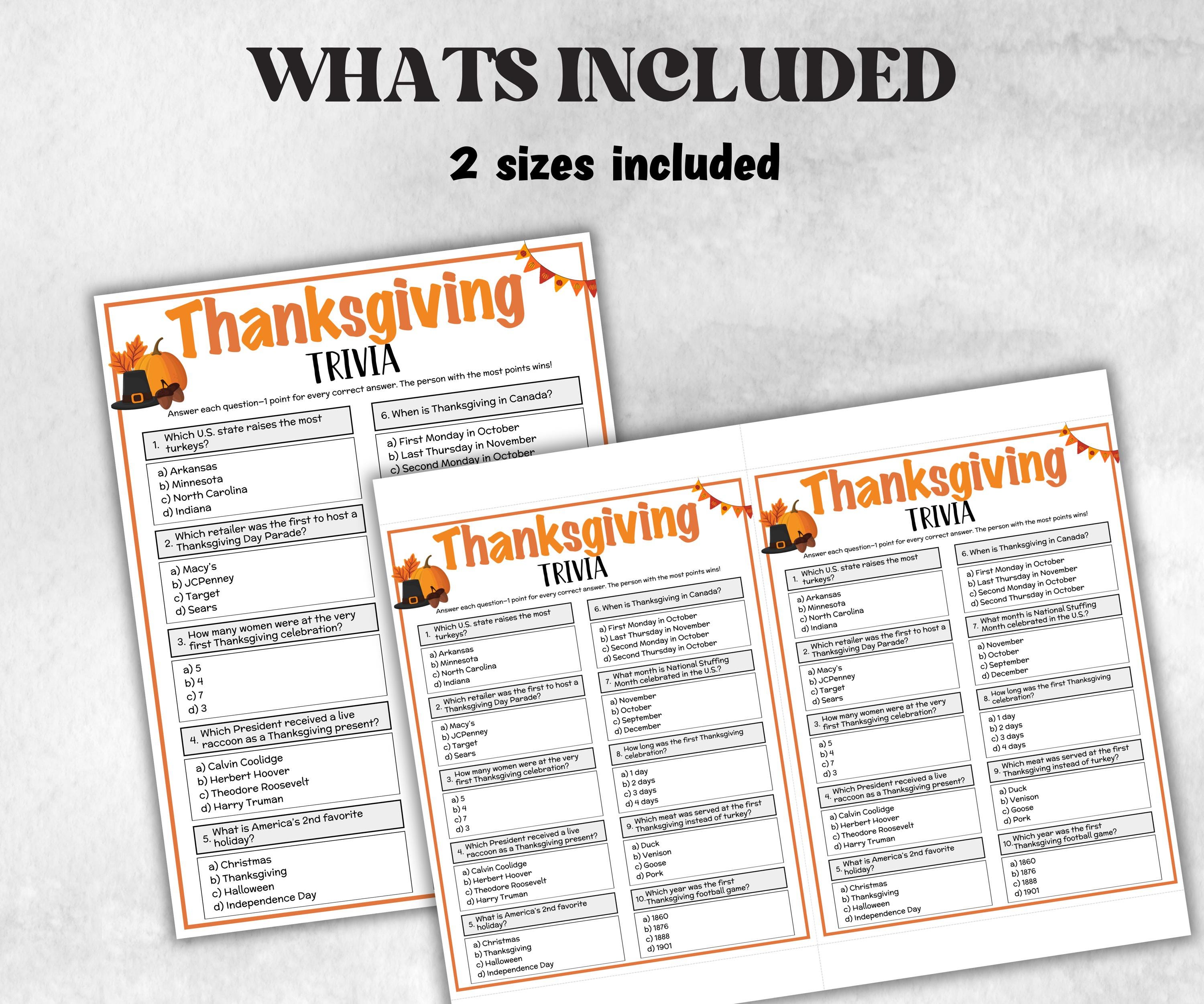 Thanksgiving Trivia, Friendsgiving Theme Birthday, Seniors Trivia Night, Sunday School, Fall autimn, family reunion, first Church birthday-Holidays -TheHustlingCatLady-Party Games