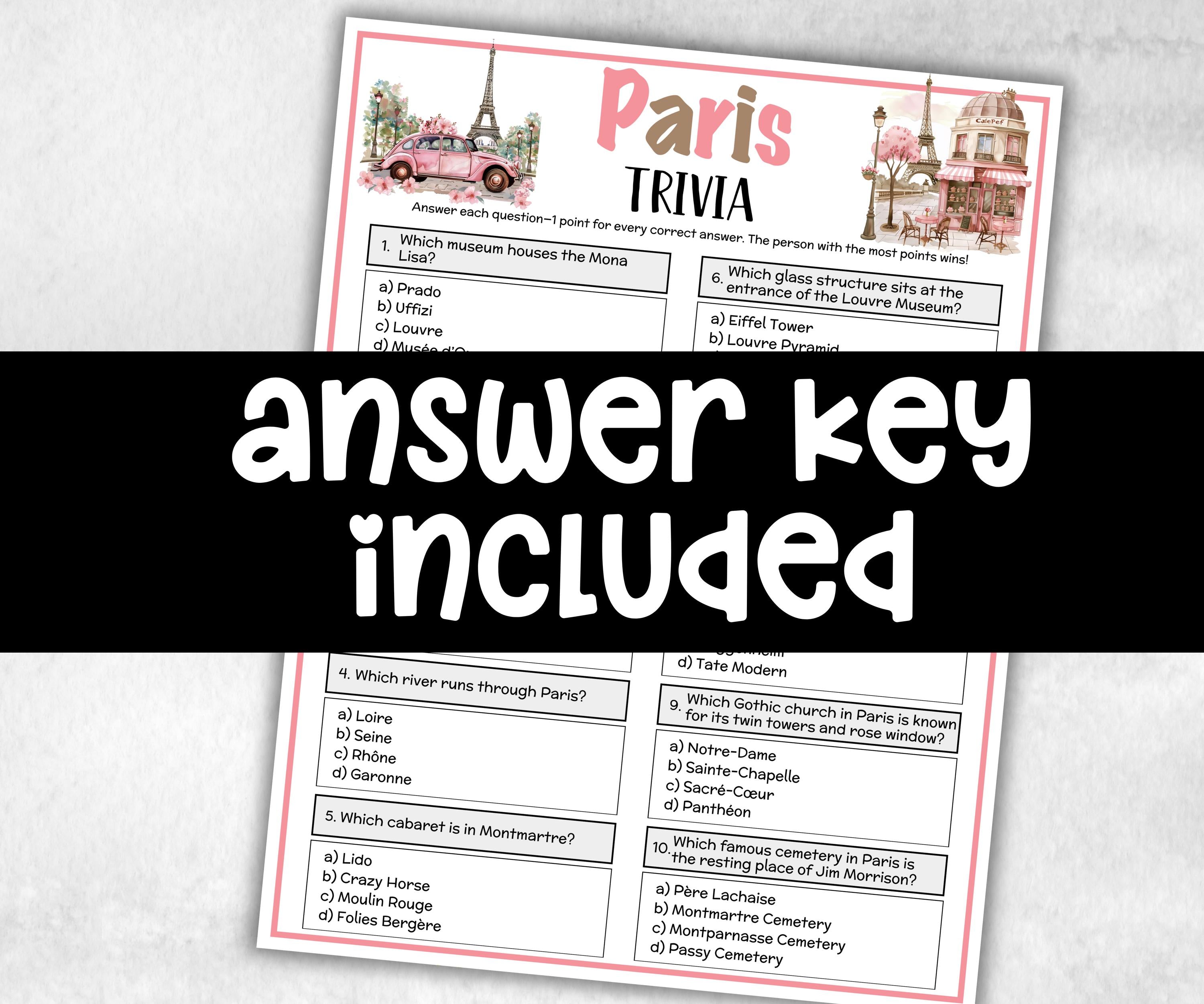 Paris Trivia, French Theme Birthday, Seniors Trivia Night, Sunday School, Women Ministry, family reunion, Ghost game, first Travel birthday-Holidays -TheHustlingCatLady-Party Games
