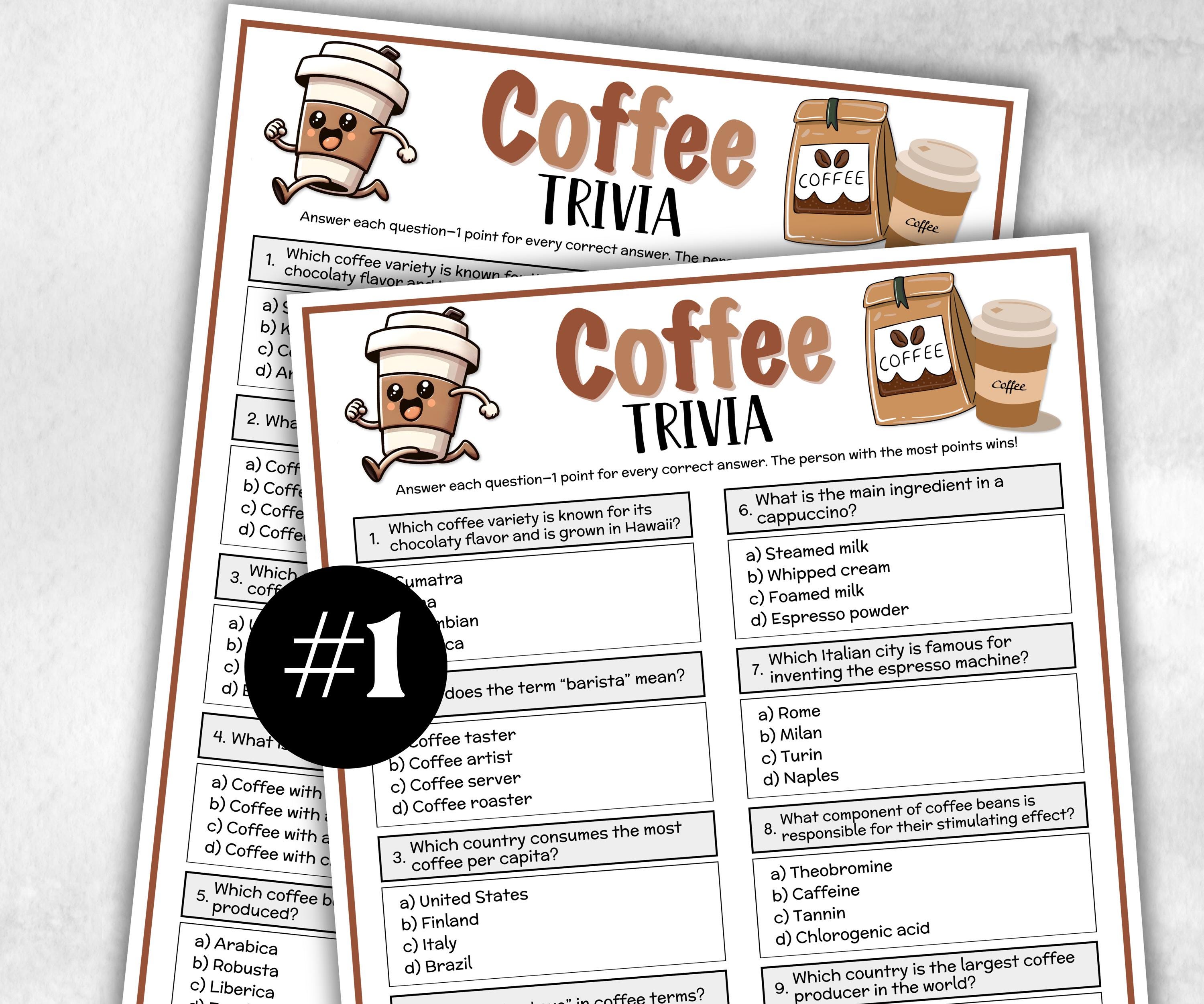Coffee Trivia, Beverage Theme Birthday, Seniors Trivia Night, Sunday School, Women Ministry, family reunion, espresso game, first birthday-Holidays -TheHustlingCatLady-Party Games