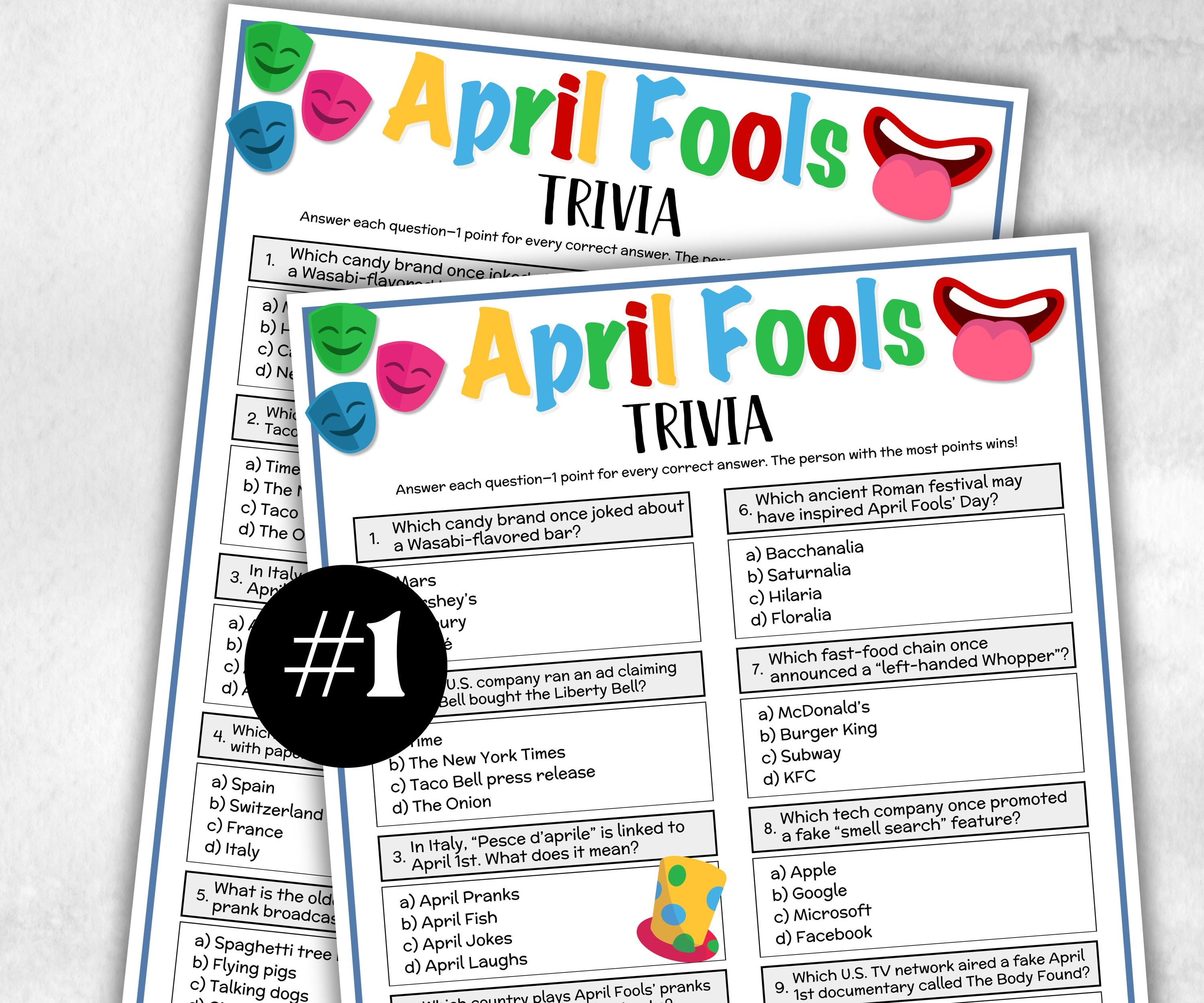 April Fools Trivia, Funny Theme Birthday, Seniors Trivia Night, Sunday School, Women Ministry, family reunion, April birthday, summer spring-Holidays -TheHustlingCatLady-Party Games