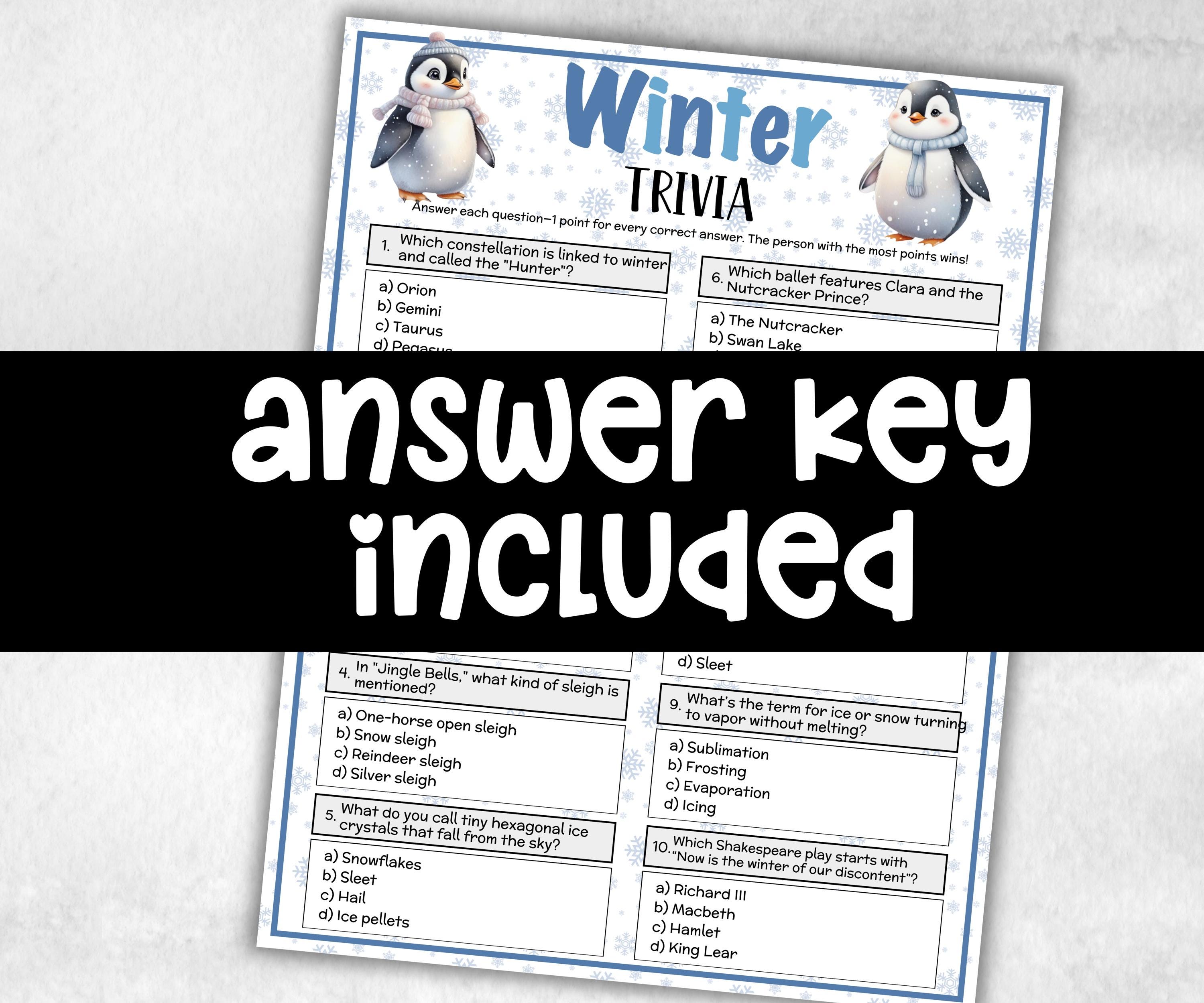 Winter Trivia, Frost Theme Birthday, Seniors Trivia Night, Sunday School, family reunion game, first birthday, bridal shower snow, penguins-Holidays -TheHustlingCatLady-Party Games