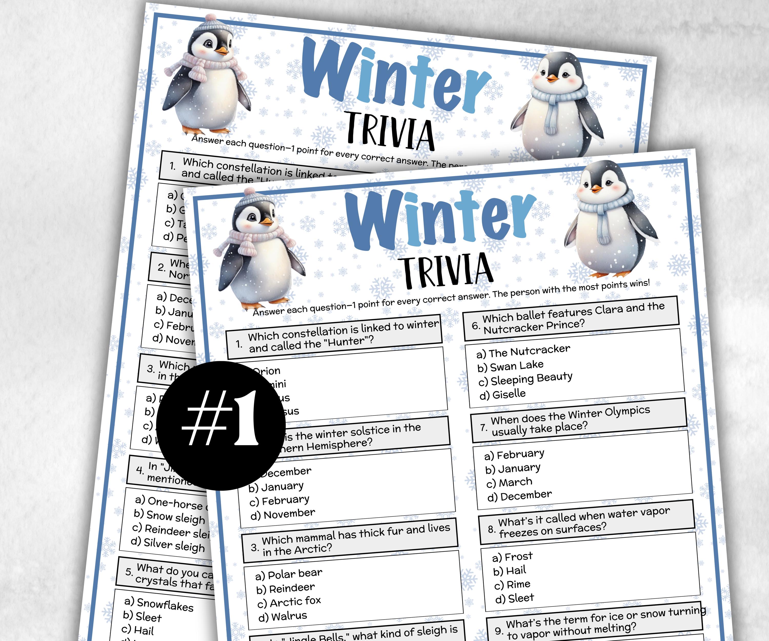 Winter Trivia, Frost Theme Birthday, Seniors Trivia Night, Sunday School, family reunion game, first birthday, bridal shower snow, penguins-Holidays -TheHustlingCatLady-Party Games