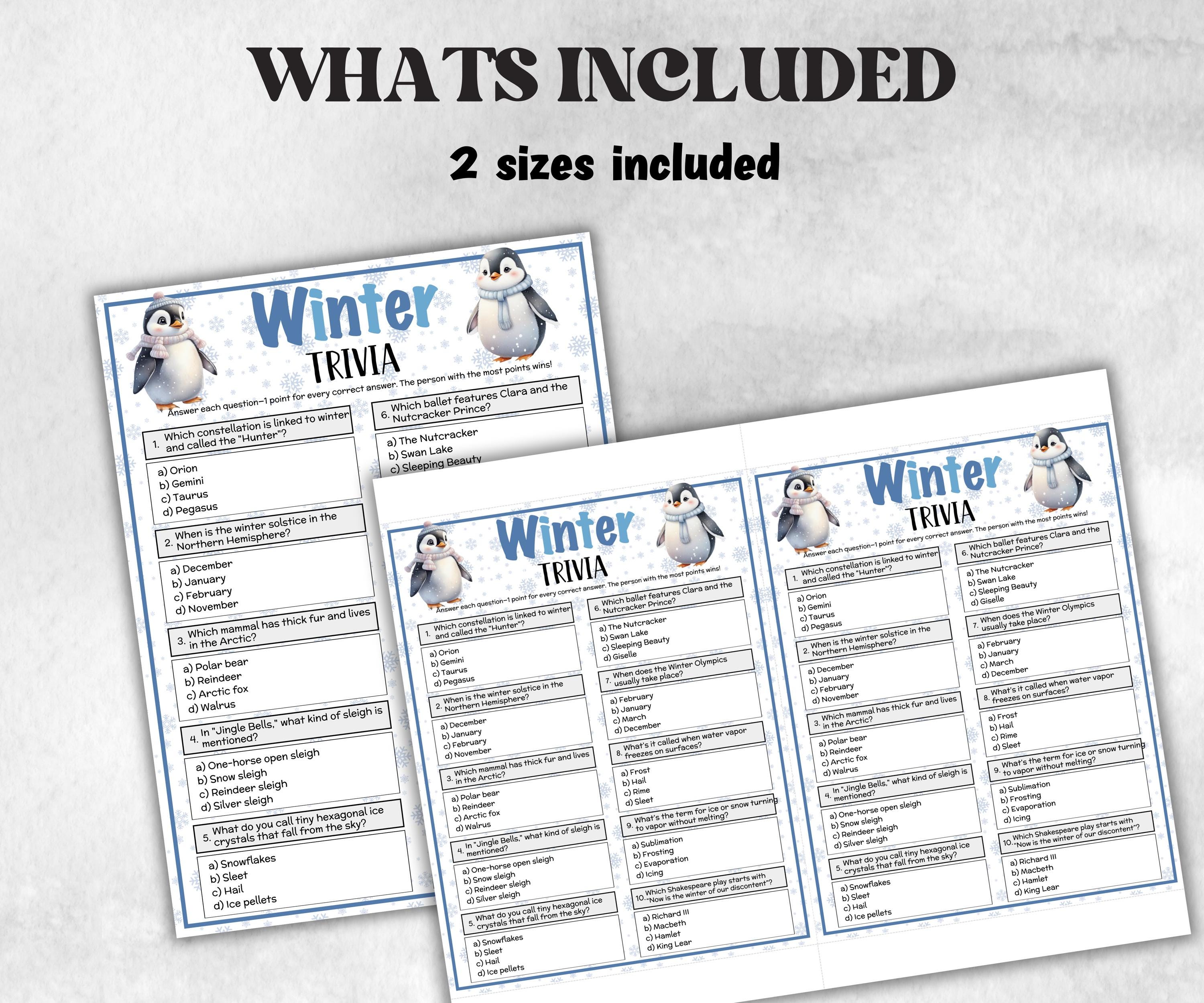 Winter Trivia, Frost Theme Birthday, Seniors Trivia Night, Sunday School, family reunion game, first birthday, bridal shower snow, penguins-Holidays -TheHustlingCatLady-Party Games