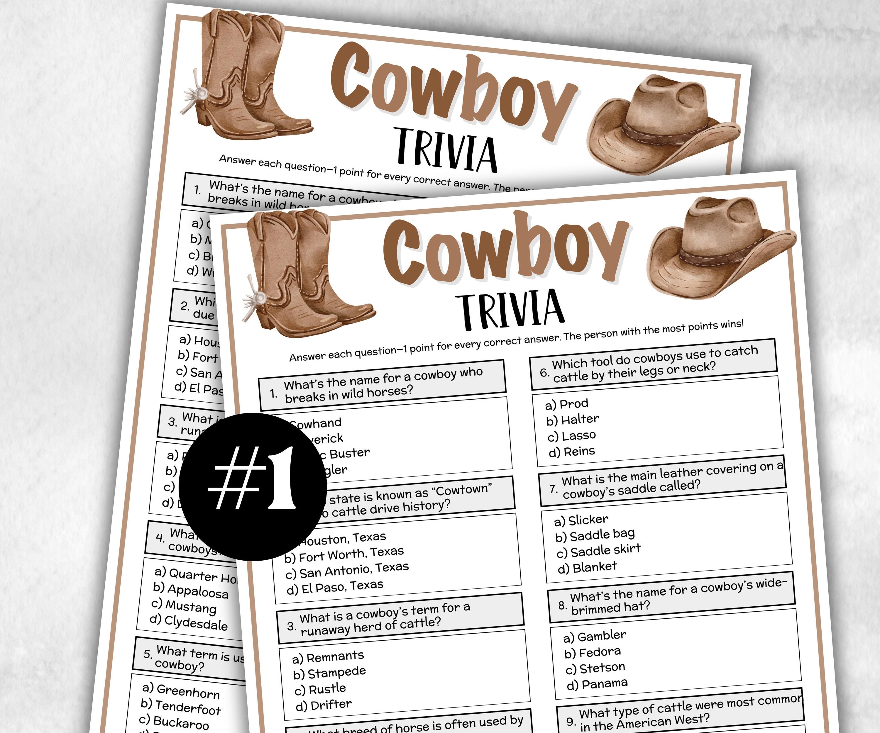 Cowboy Trivia, Lasso Theme Birthday, Seniors Trivia Night, Sunday School, family reunion game, first birthday, Rodeo Texas Mexican Ranch fun-Holidays -TheHustlingCatLady-Party Games
