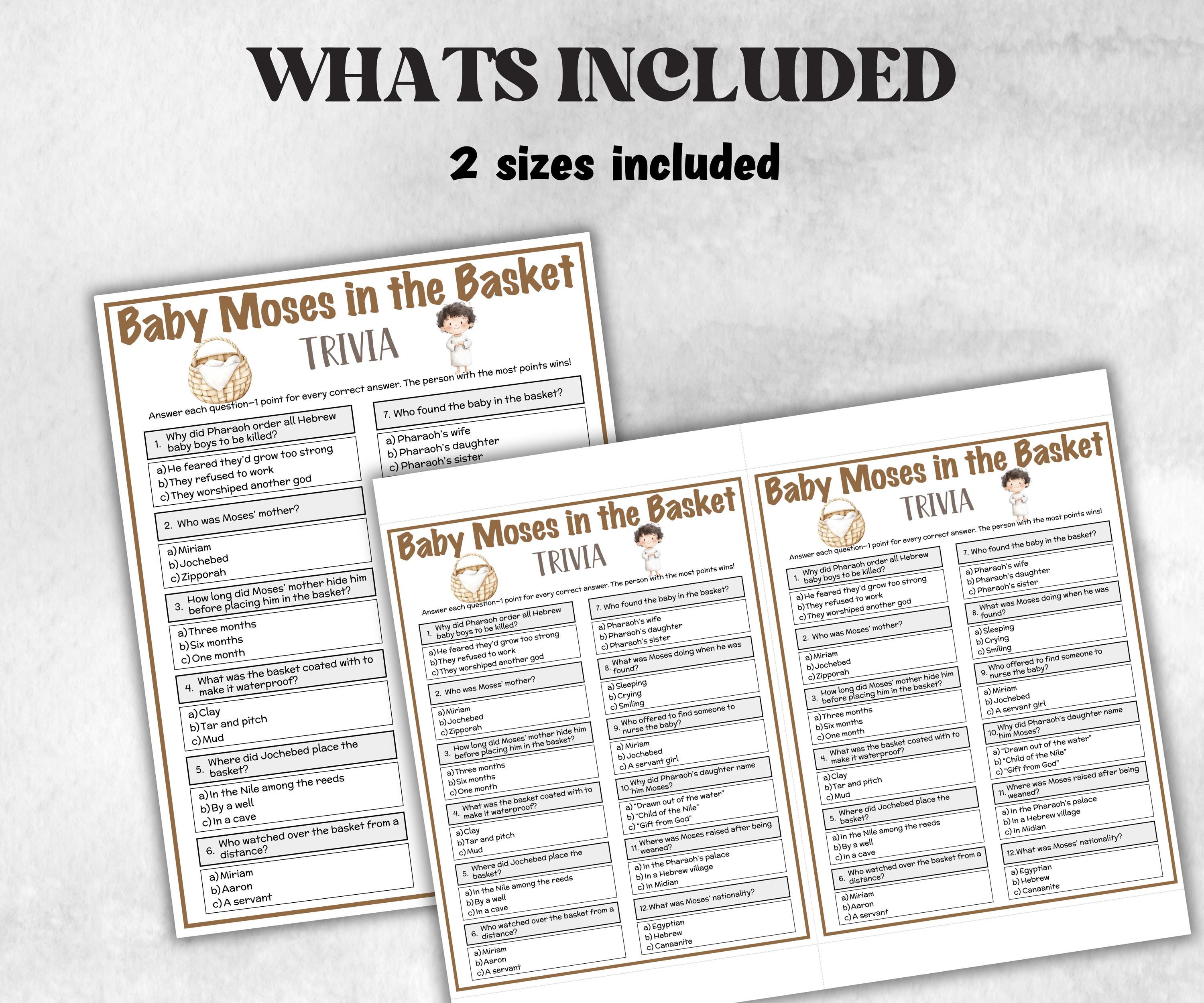 Baby Moses in Basket Printable Trivia for kid, Old Testament Activity, Classroom Christmas, Church Fundraiser, Adult Teen Church Icebreaker-Office Supplies -TheHustlingCatLady-Party Games