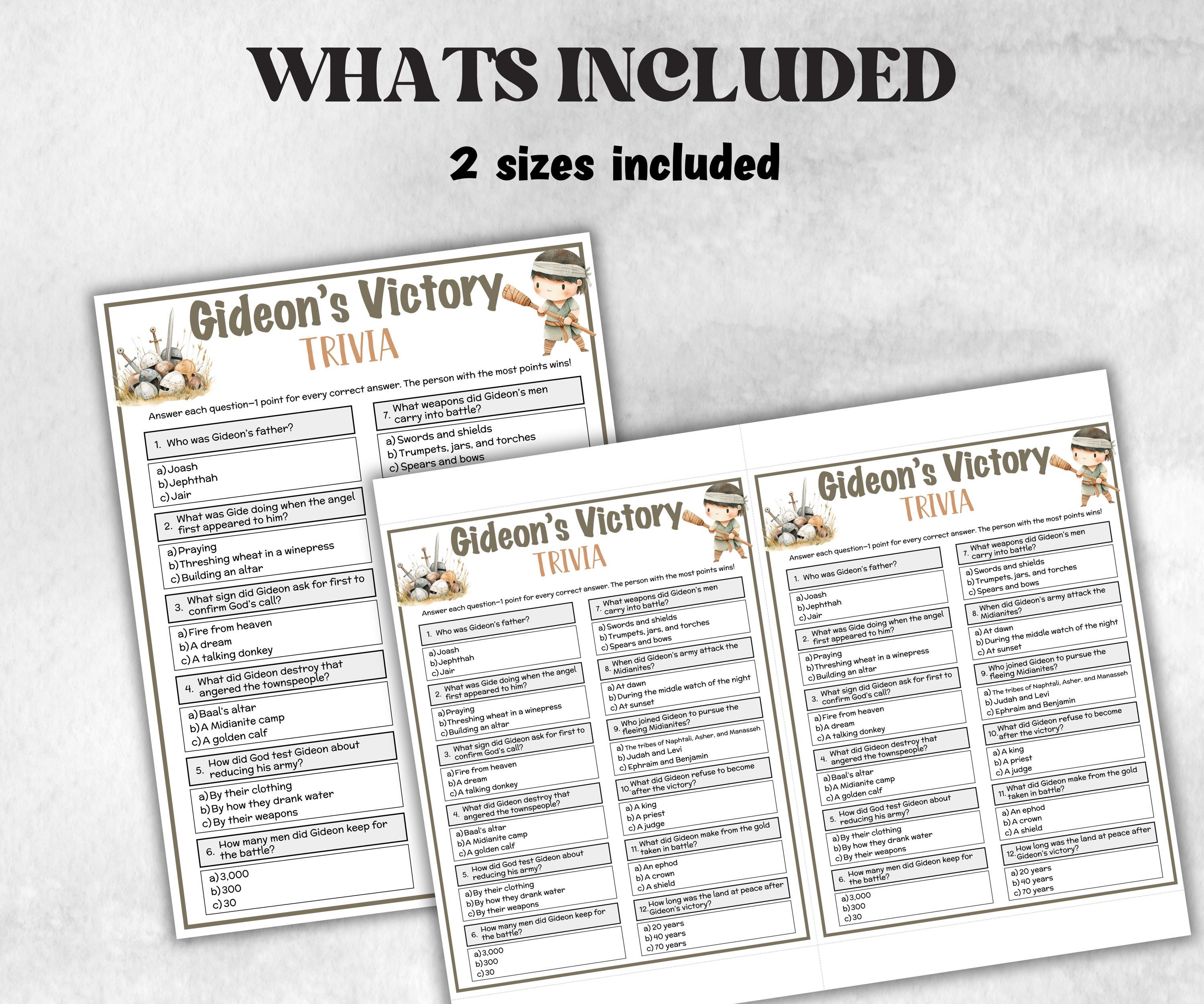 Gideon's Victory Printable Trivia for kid, Old Testament Activity, Classroom Christmas, Church Fundraiser game, Adult Teen church Icebreaker-Office Supplies -TheHustlingCatLady-Party Games