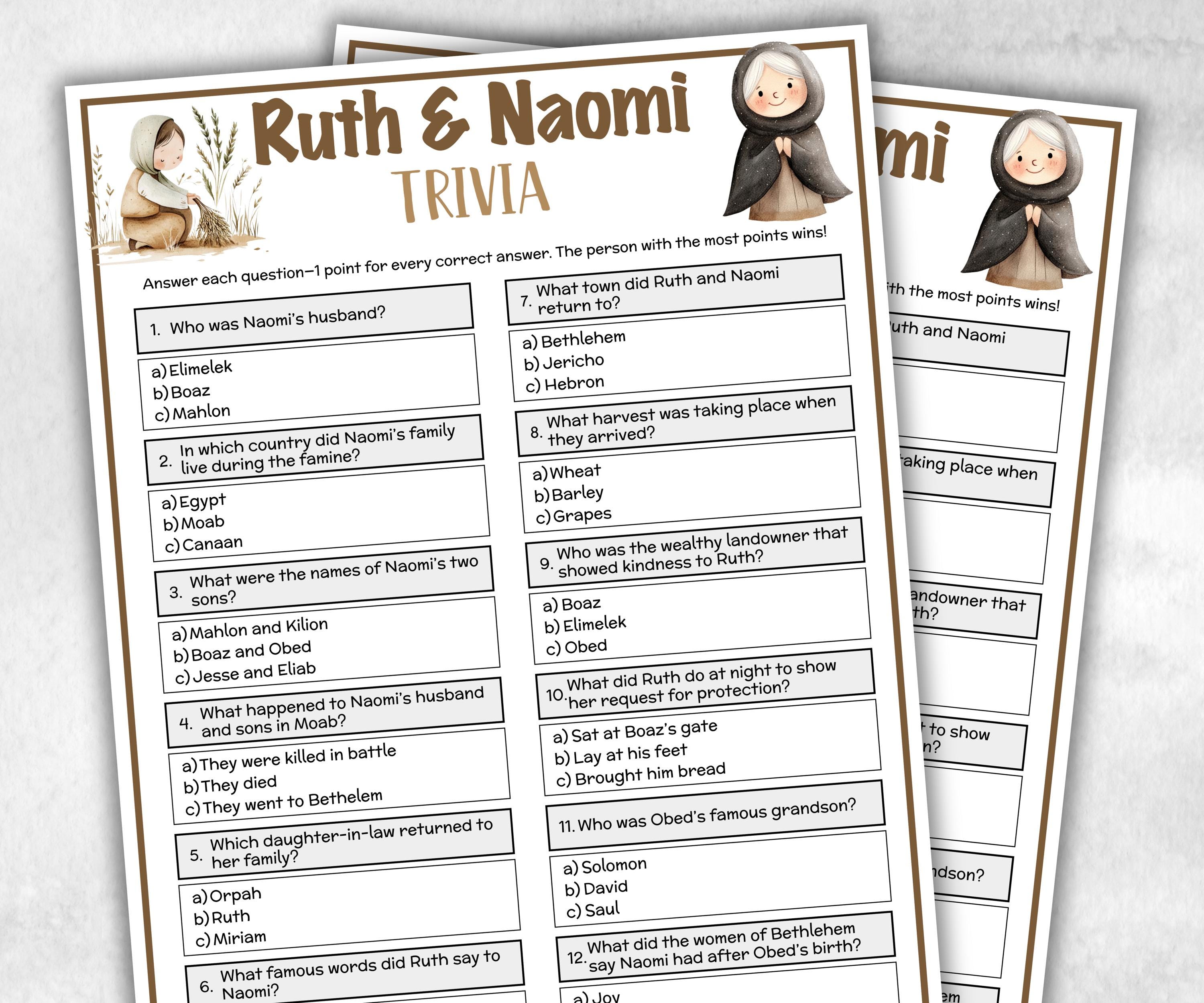 Ruth and Naomi Printable Trivia for kid, Old Testament Activity, Classroom Christmas, Church Fundraiser games, Adult Teen church Icebreaker-Office Supplies -TheHustlingCatLady-Party Games