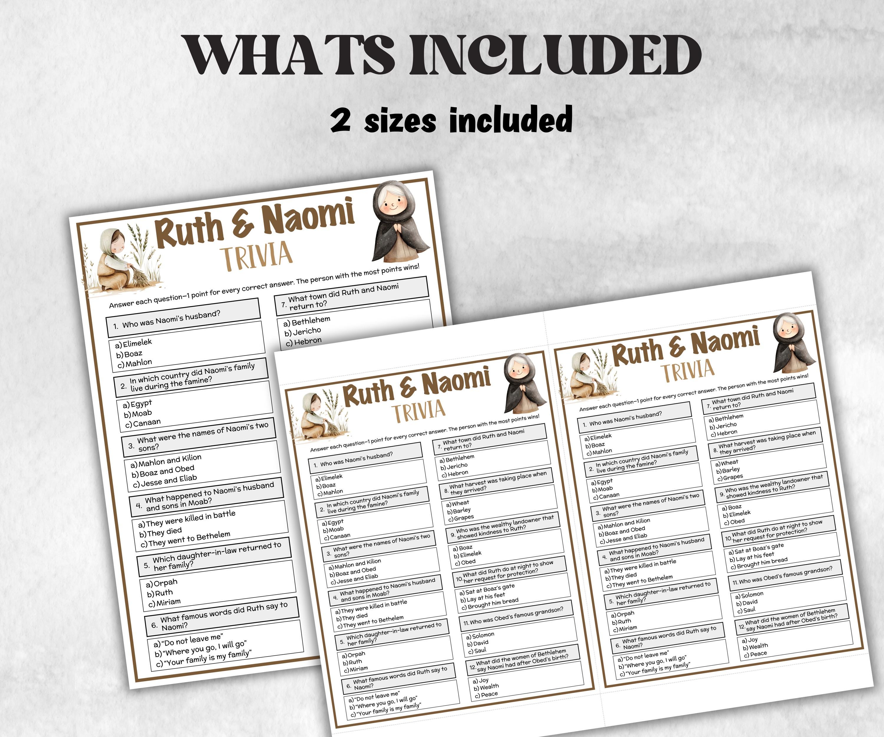 Ruth and Naomi Printable Trivia for kid, Old Testament Activity, Classroom Christmas, Church Fundraiser games, Adult Teen church Icebreaker-Office Supplies -TheHustlingCatLady-Party Games