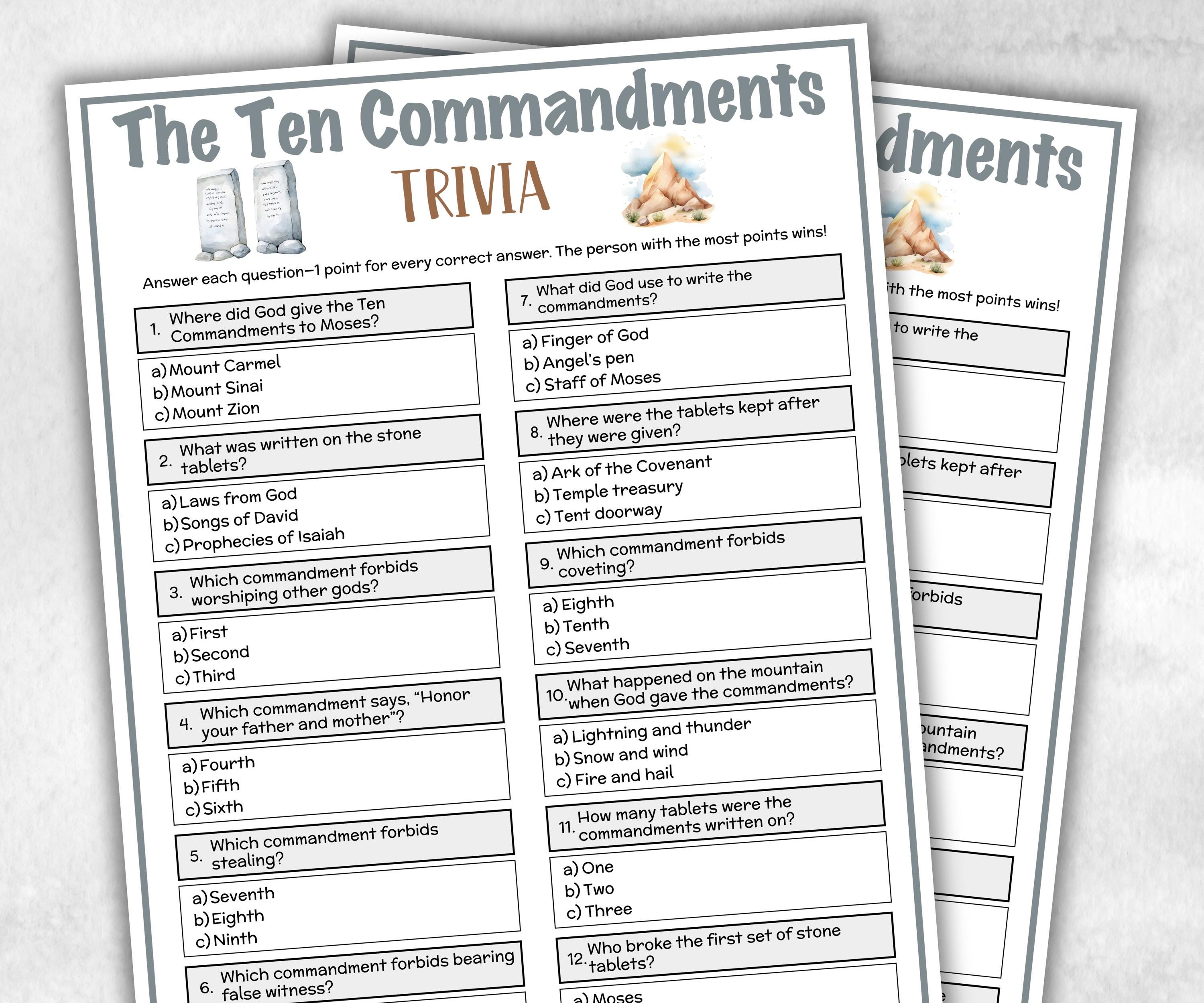 The ten commandments Printable Trivia for kid, Old Testament Activity, Classroom Christmas, Church Fundraiser, Adult Teen church Icebreaker-Office Supplies -TheHustlingCatLady-Party Games
