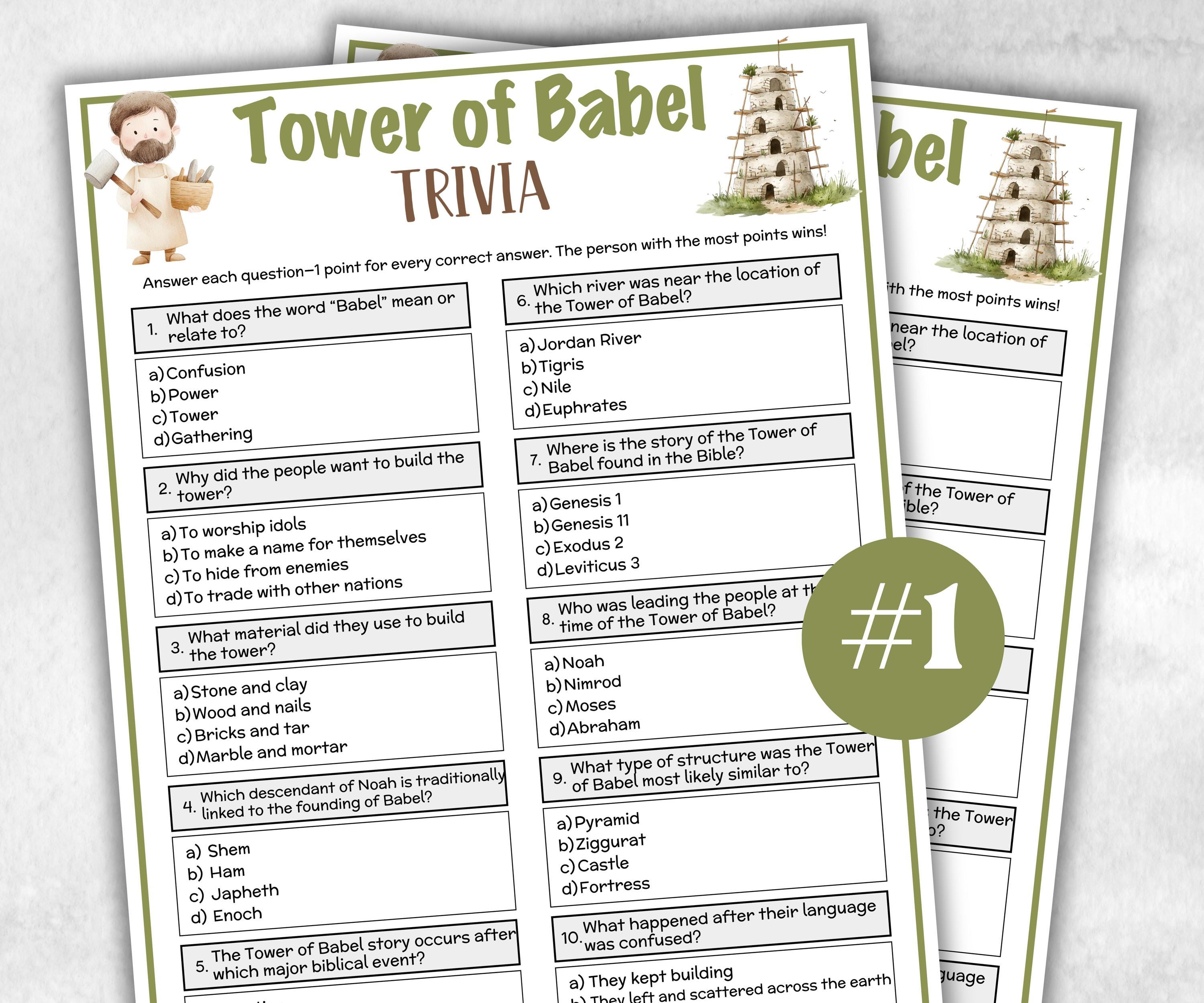 Tower of Babel Printable Trivia for kid, Old Testament Activity, Classroom Christmas, Church Fundraiser game, Adult Teen church Icebreaker-Office Supplies -TheHustlingCatLady-Party Games