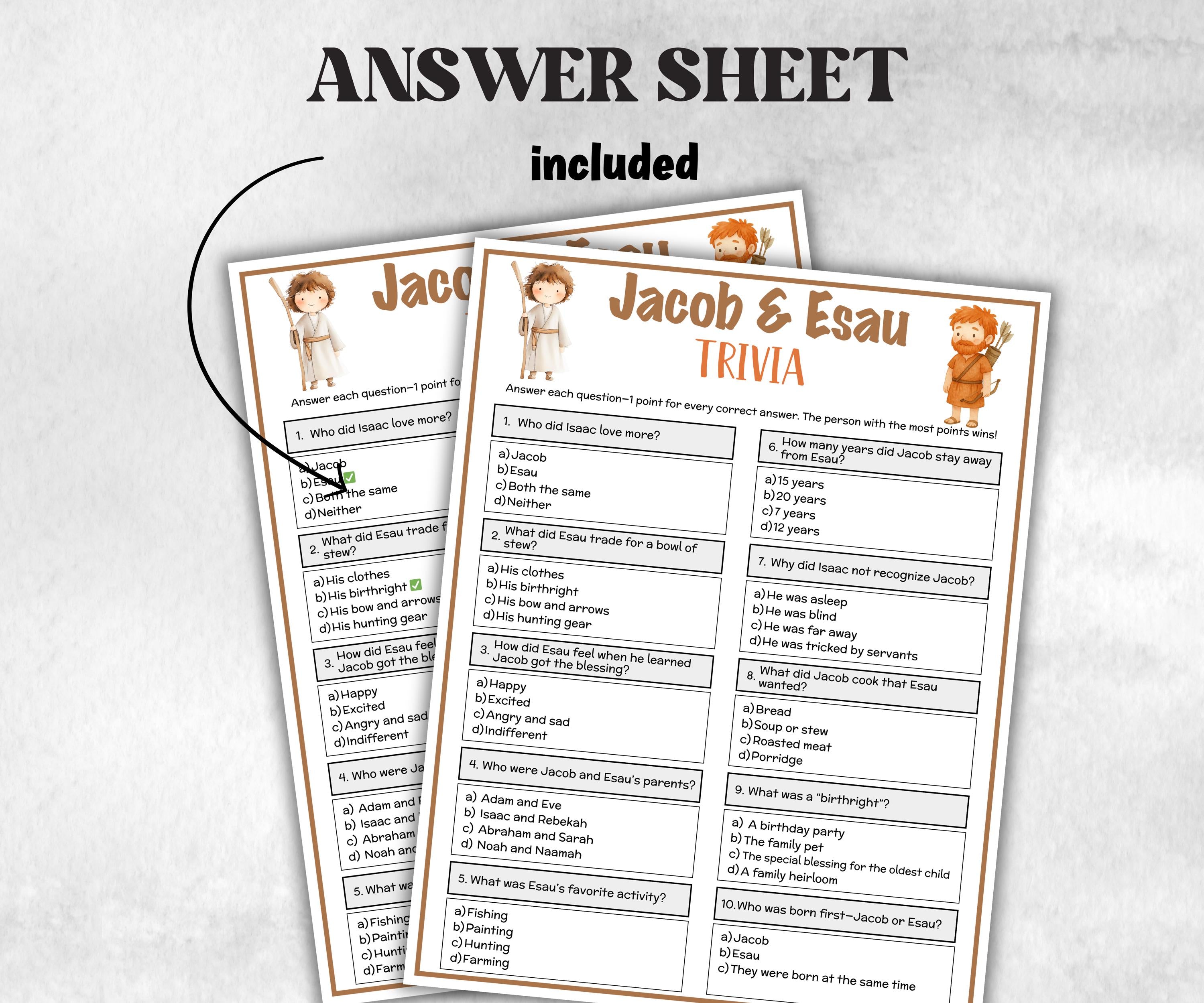 Jacob and Esau Printable Trivia for kid, Old Testament Activity, Classroom Christmas, Church Fundraiser game, Adult Teen church Icebreaker-Office Supplies -TheHustlingCatLady-Party Games