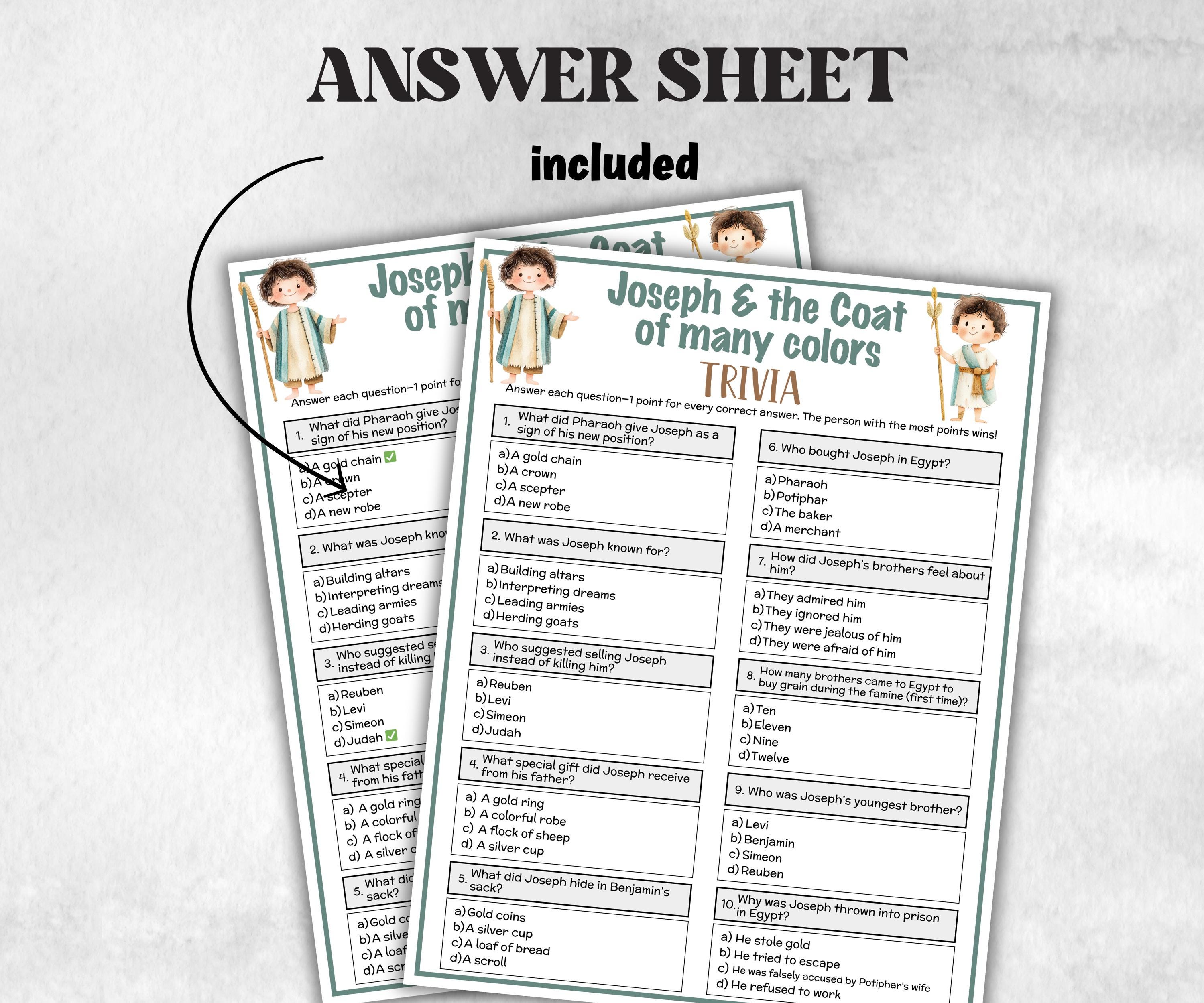 Joseph and the coat of many colors, Printable Trivia for kid, Old Testament Activity, Church Fundraiser, Adult Teen church Icebreaker, class-Office Supplies -TheHustlingCatLady-Party Games