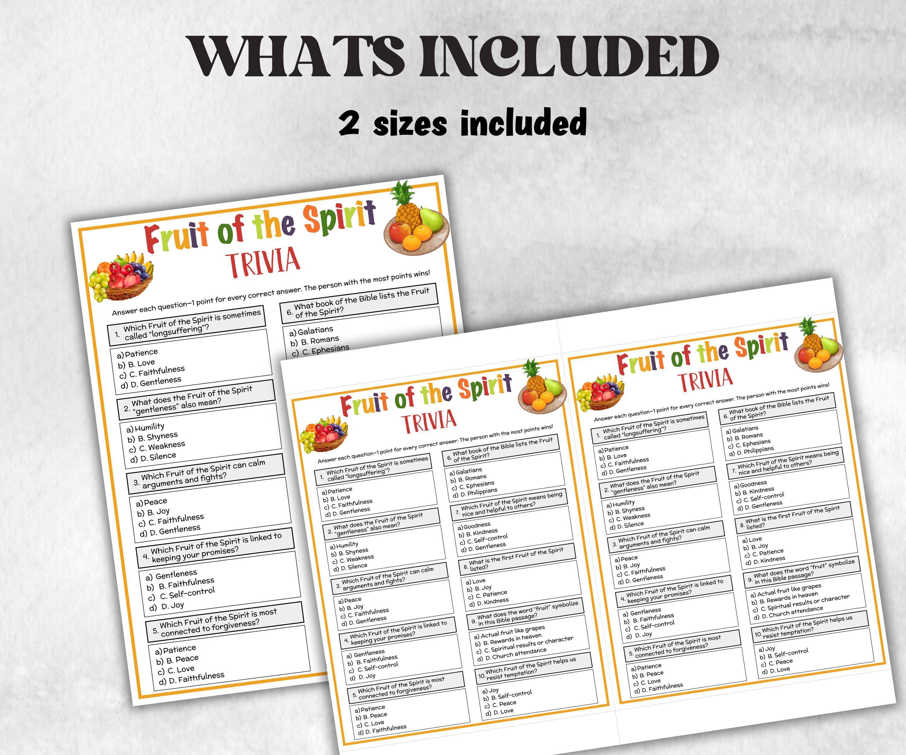 Fruit of the spirit Printable Trivia for kid, New Testament Activity, Classroom Christmas, Church Fundraiser, Adult Teen church Icebreaker-Office Supplies -TheHustlingCatLady-Party Games