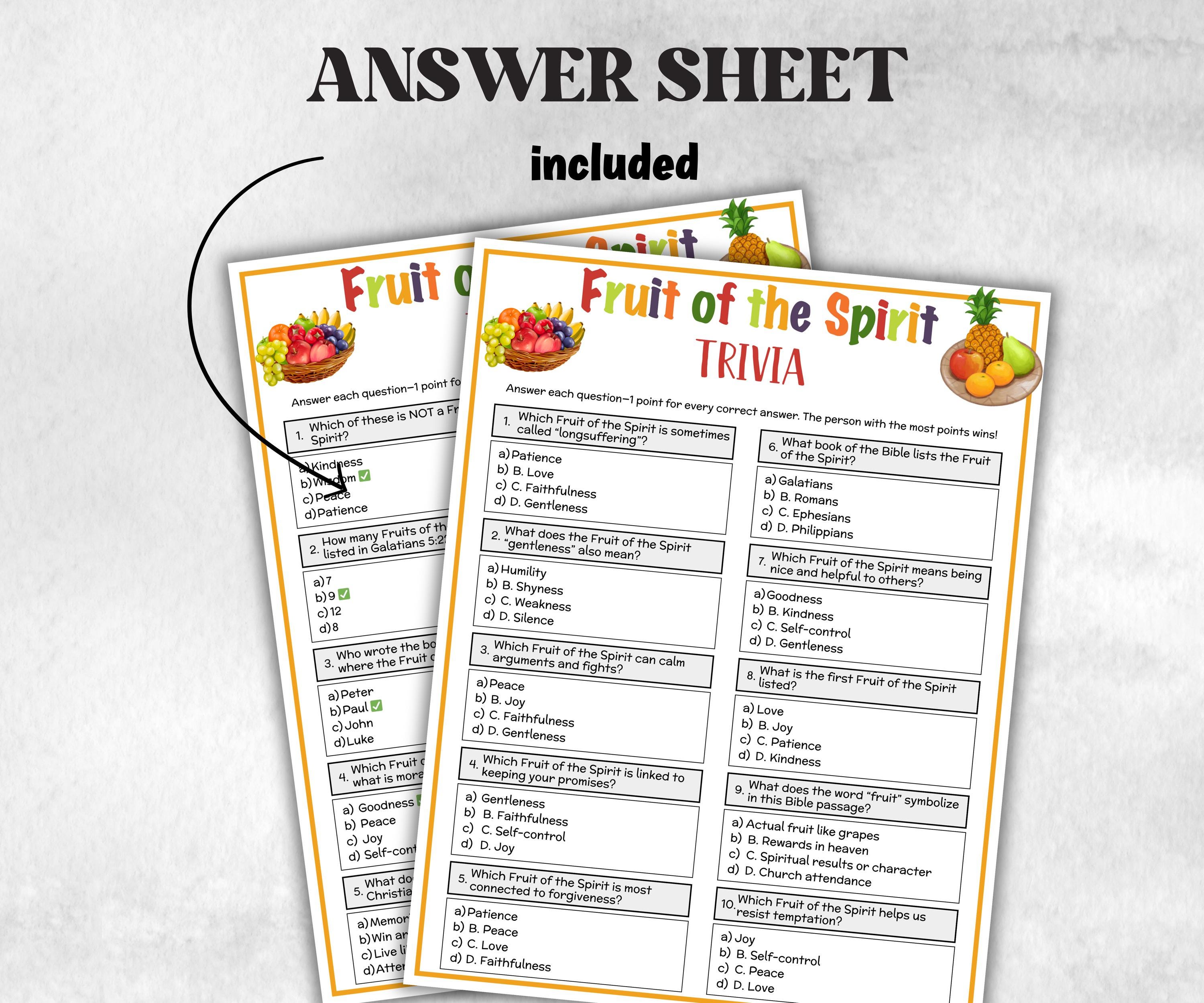 Fruit of the spirit Printable Trivia for kid, New Testament Activity, Classroom Christmas, Church Fundraiser, Adult Teen church Icebreaker-Office Supplies -TheHustlingCatLady-Party Games