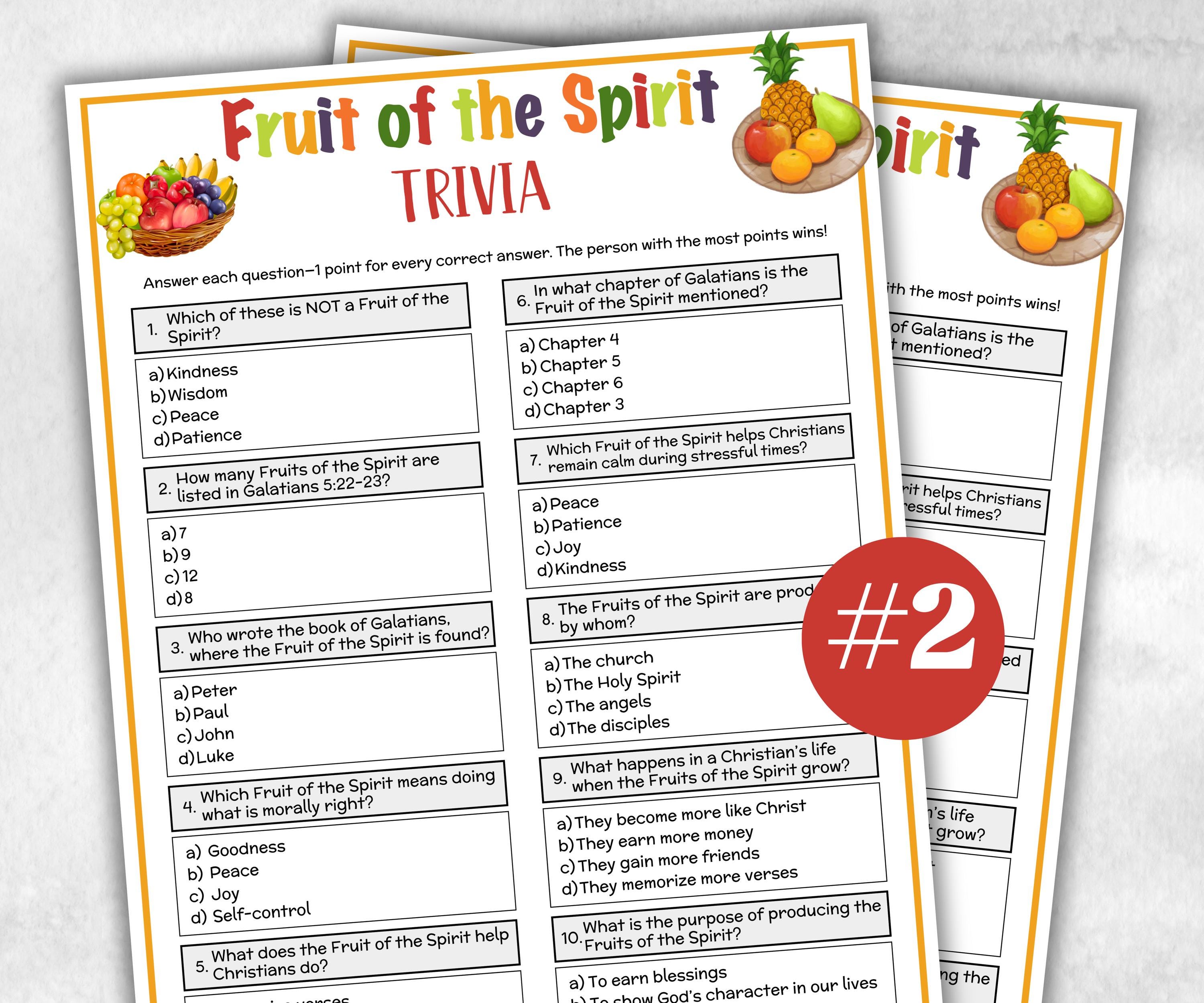 Printable Fruit of the spirit Trivia for kid, New Testament Activity, Classroom Christmas, Church Fundraiser, Adult Teen church Icebreaker-Office Supplies -TheHustlingCatLady-Party Games