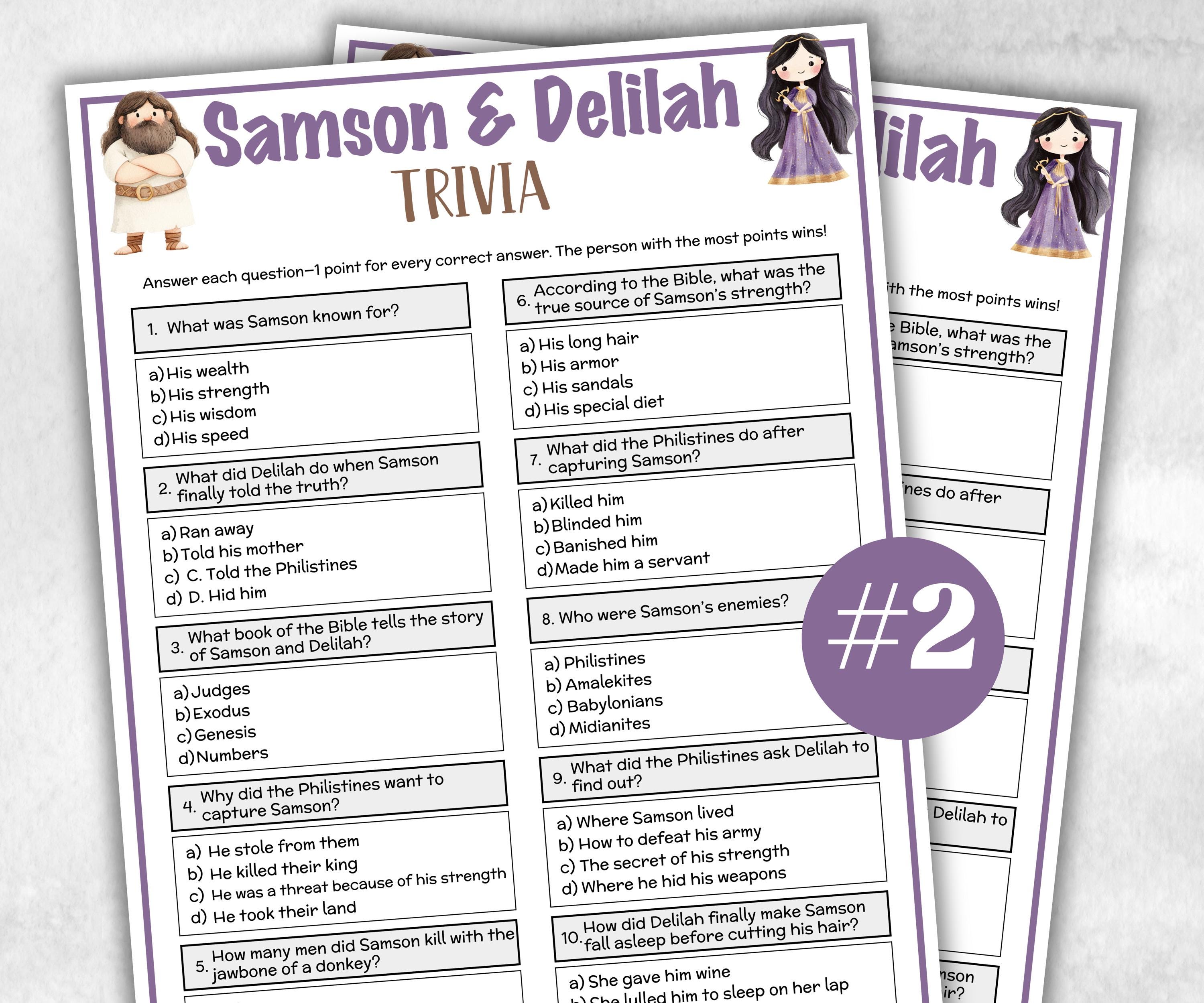 Printable Samson and Delilah Trivia for kid, Old Testament Activity, Classroom Christmas, Church Fundraiser, Adult Teen church Icebreaker-Office Supplies -TheHustlingCatLady-Party Games