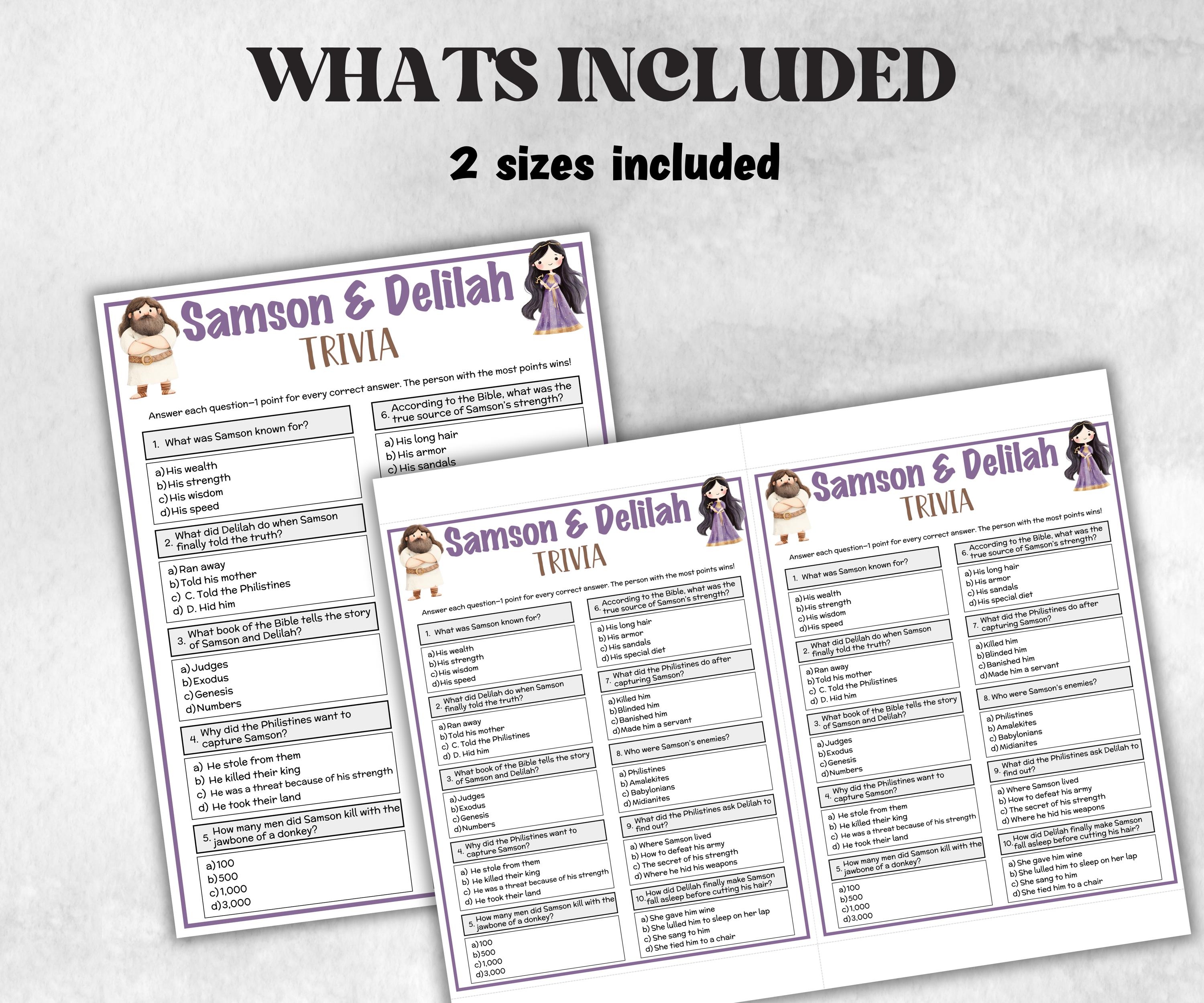 Printable Samson and Delilah Trivia for kid, Old Testament Activity, Classroom Christmas, Church Fundraiser, Adult Teen church Icebreaker-Office Supplies -TheHustlingCatLady-Party Games