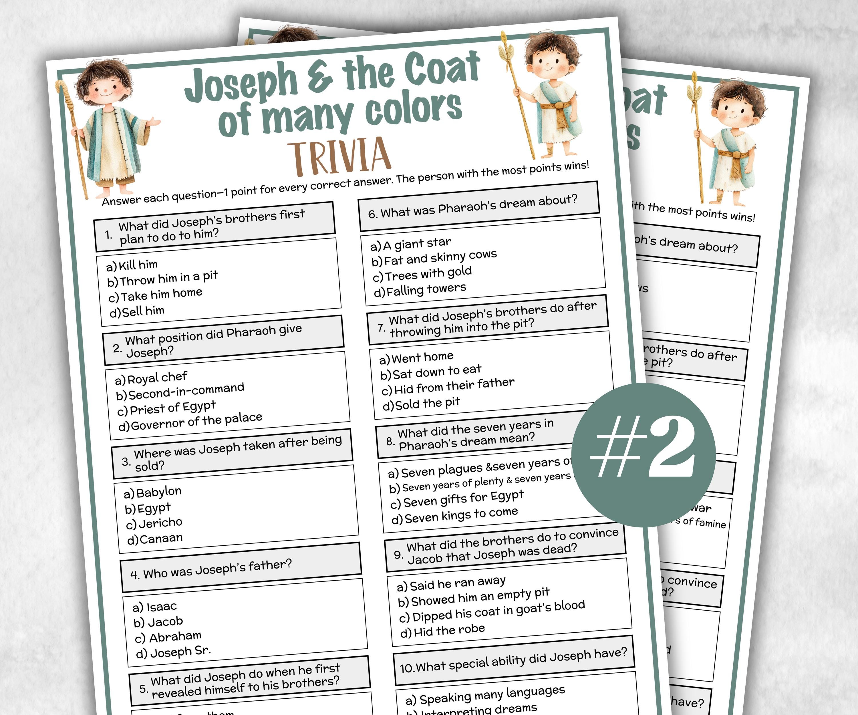 Printable Joseph and the coat of many colors Trivia for kid, Old Testament Activity, Church Fundraiser, Adult Teen church Icebreaker, class-Office Supplies -TheHustlingCatLady-Party Games