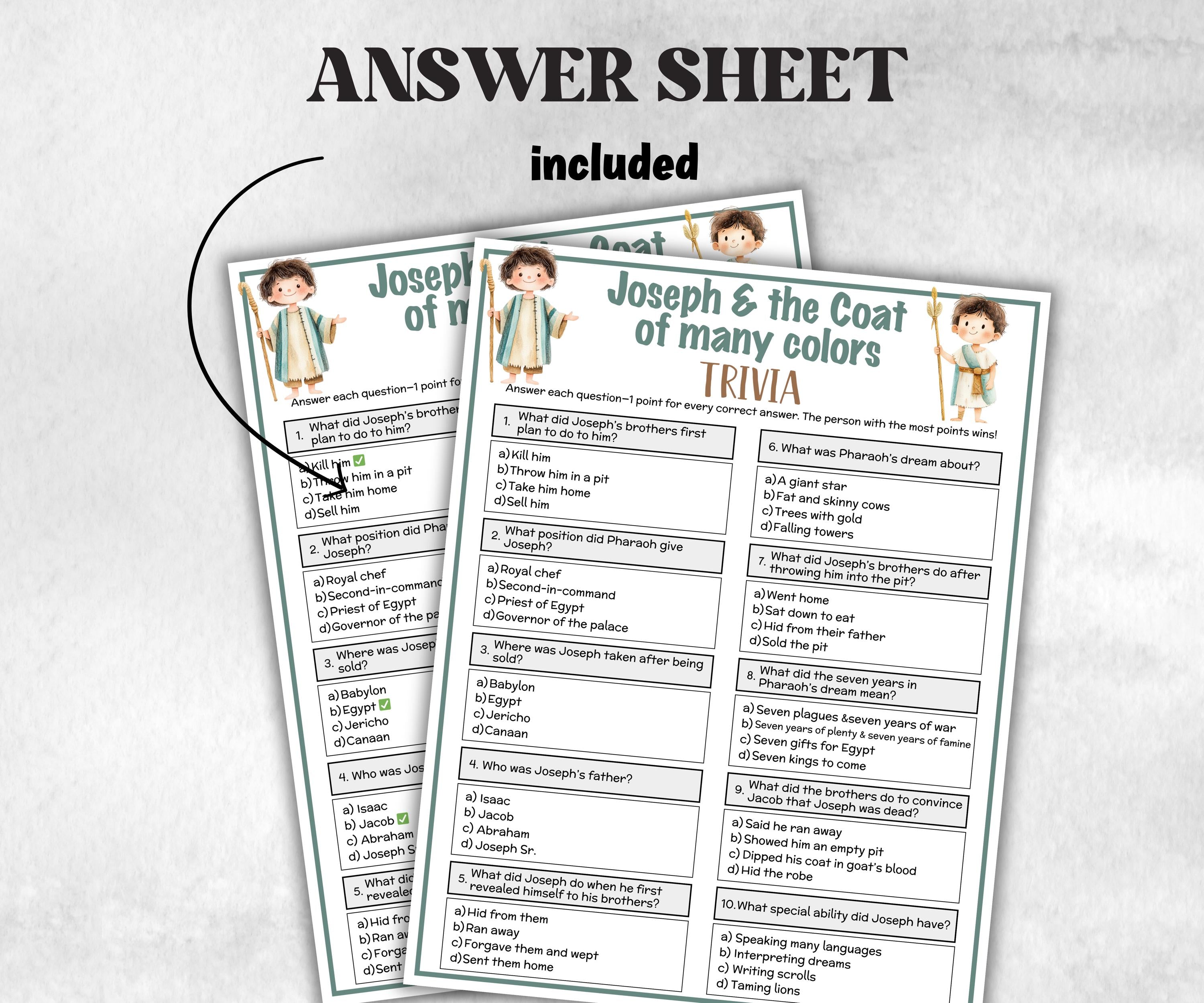 Printable Joseph and the coat of many colors Trivia for kid, Old Testament Activity, Church Fundraiser, Adult Teen church Icebreaker, class-Office Supplies -TheHustlingCatLady-Party Games