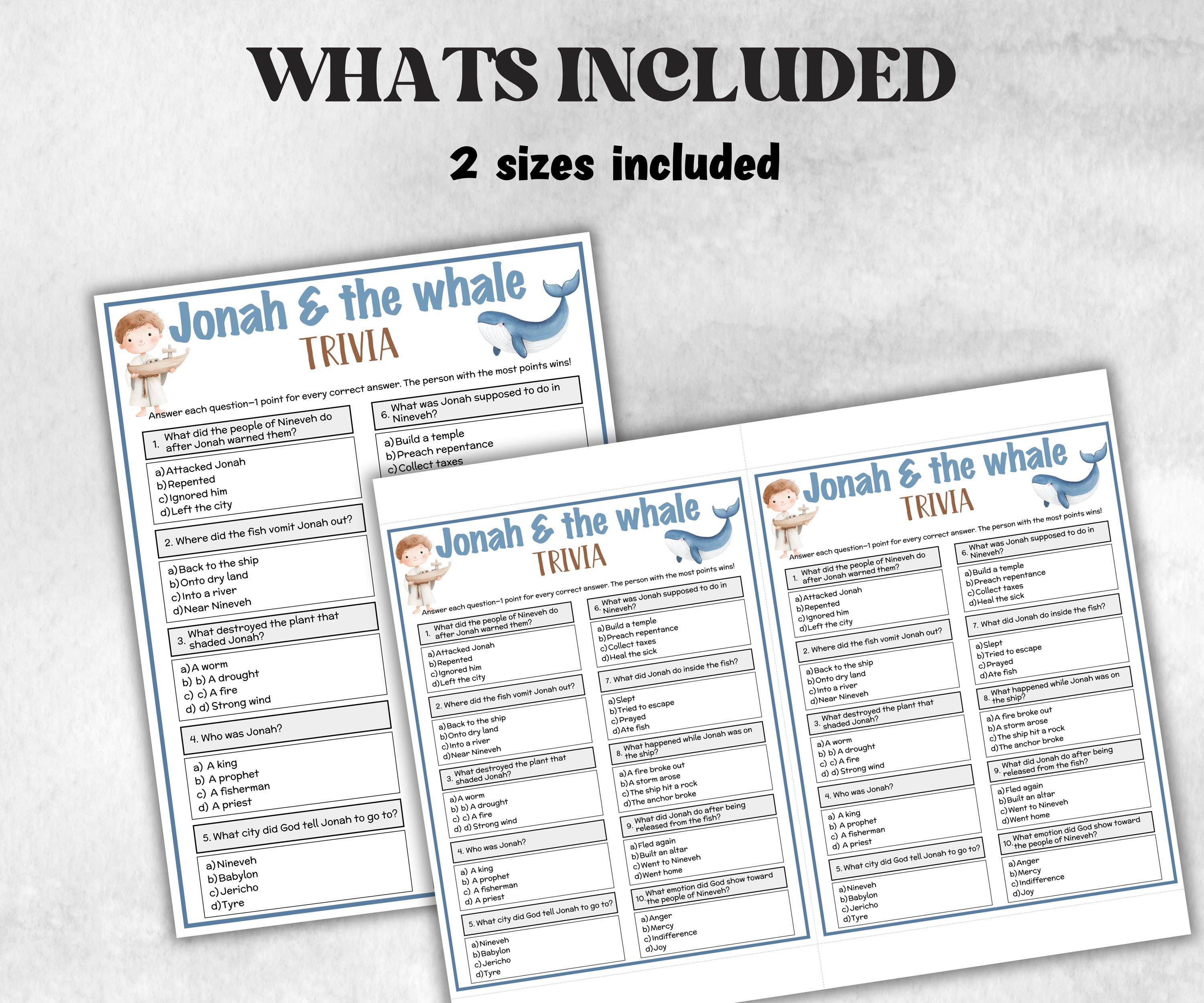 Printable Jonah and the whale Trivia for kid, Old Testament Activity, Classroom Christmas, Church Fundraiser, Adult Teen church Icebreaker-Office Supplies -TheHustlingCatLady-Party Games