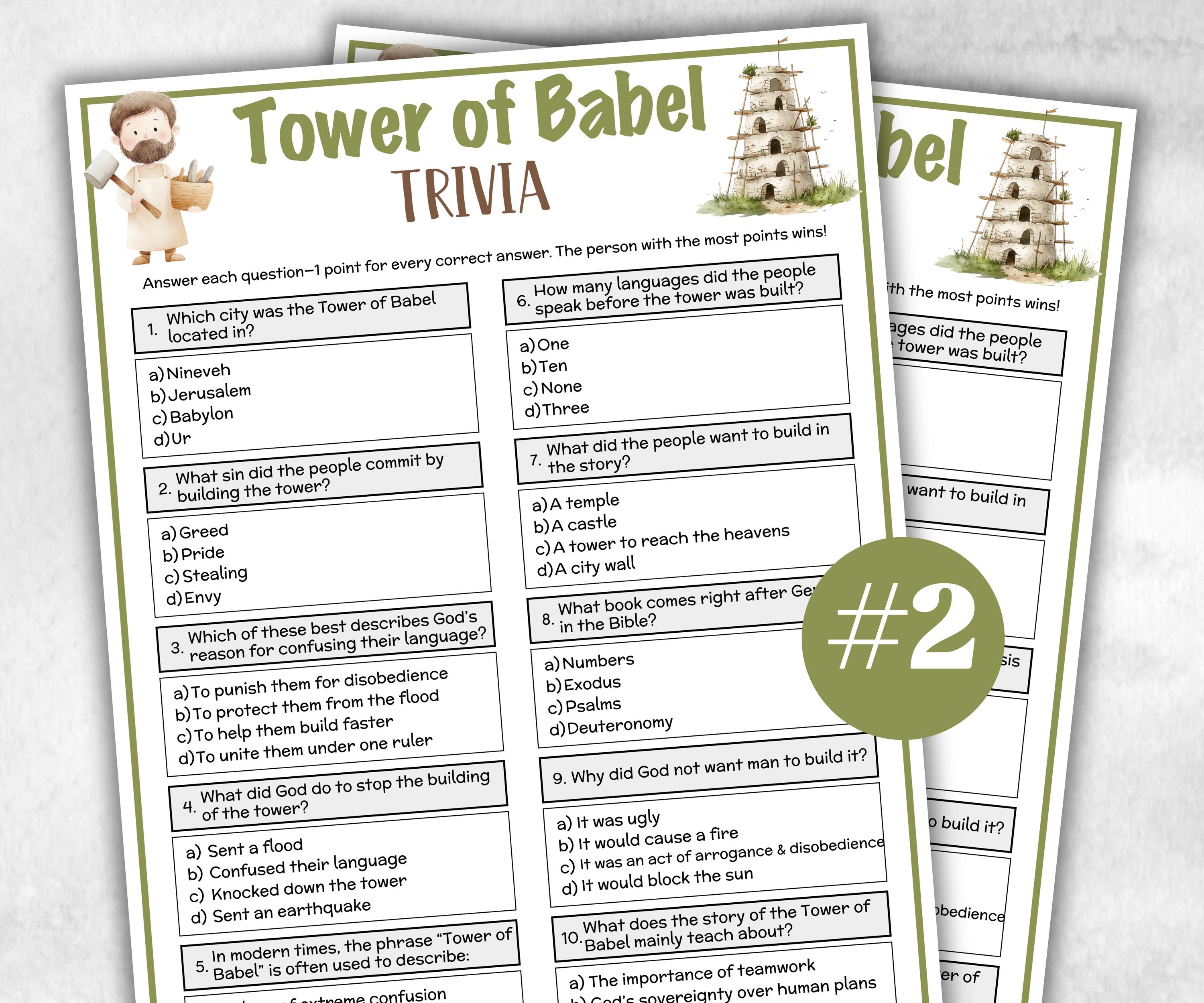 Printable Tower of Babel Trivia for kid, Old Testament Activity, Classroom Christmas, Church Fundraiser game, Adult Teen church Icebreaker-Office Supplies -TheHustlingCatLady-Party Games
