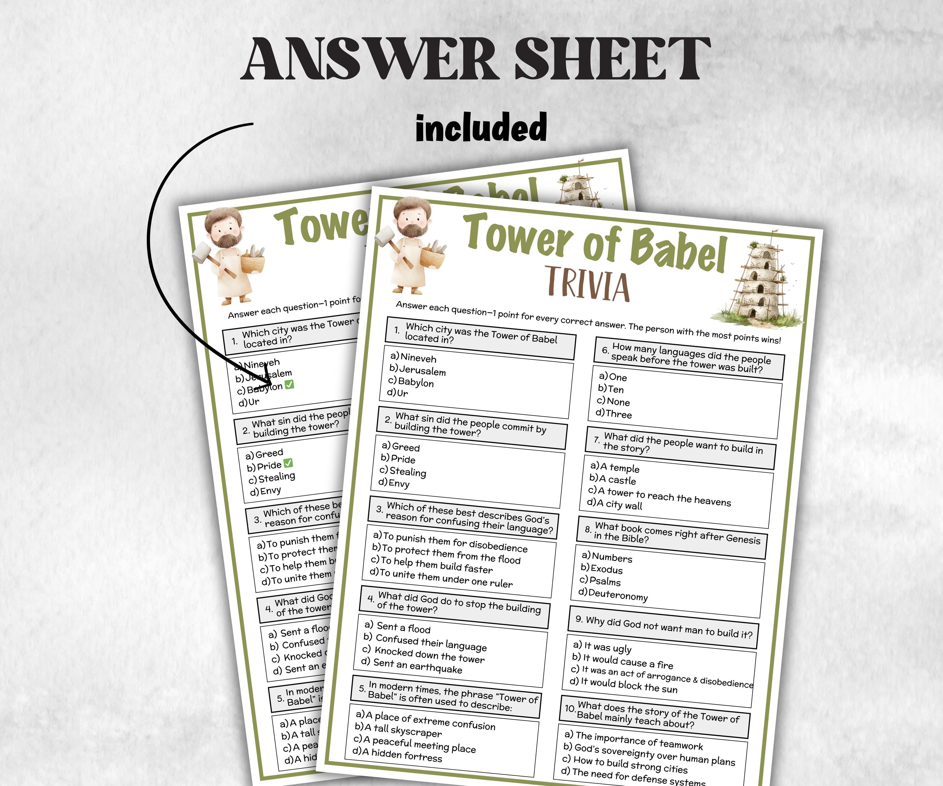Printable Tower of Babel Trivia for kid, Old Testament Activity, Classroom Christmas, Church Fundraiser game, Adult Teen church Icebreaker-Office Supplies -TheHustlingCatLady-Party Games