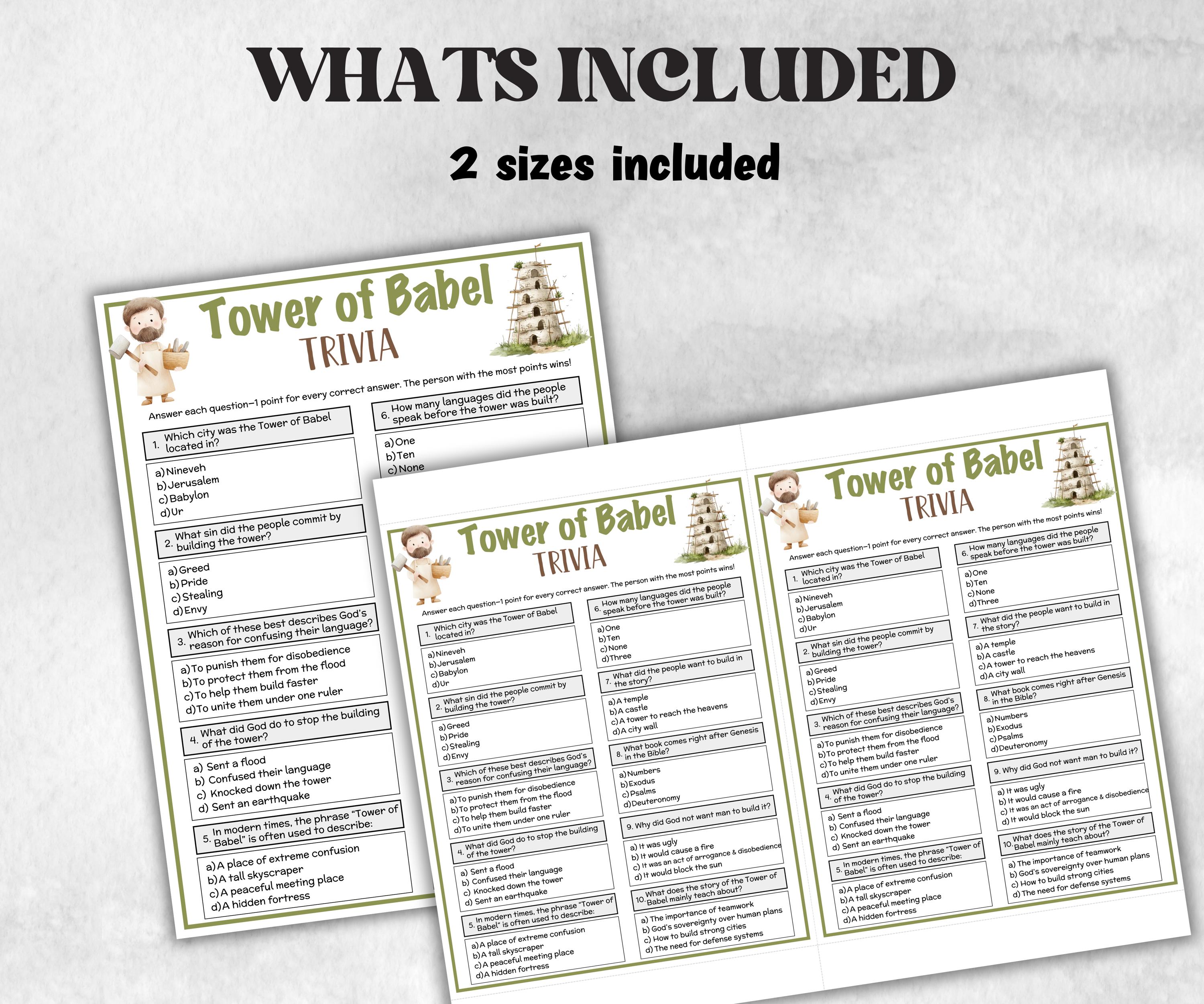 Printable Tower of Babel Trivia for kid, Old Testament Activity, Classroom Christmas, Church Fundraiser game, Adult Teen church Icebreaker-Office Supplies -TheHustlingCatLady-Party Games