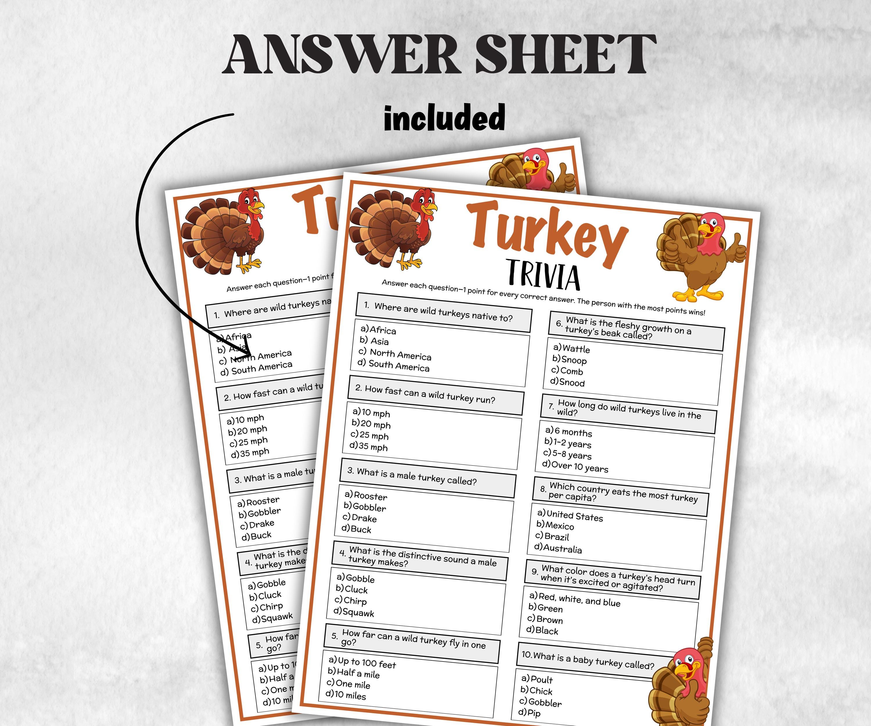 Turkey Trivia Game, Thanksgiving Fall Party Trivia Game, Friendsgiving Family Trivia Game for kids and adults, Printable Classroom Game fun-Holidays -TheHustlingCatLady-Party Games