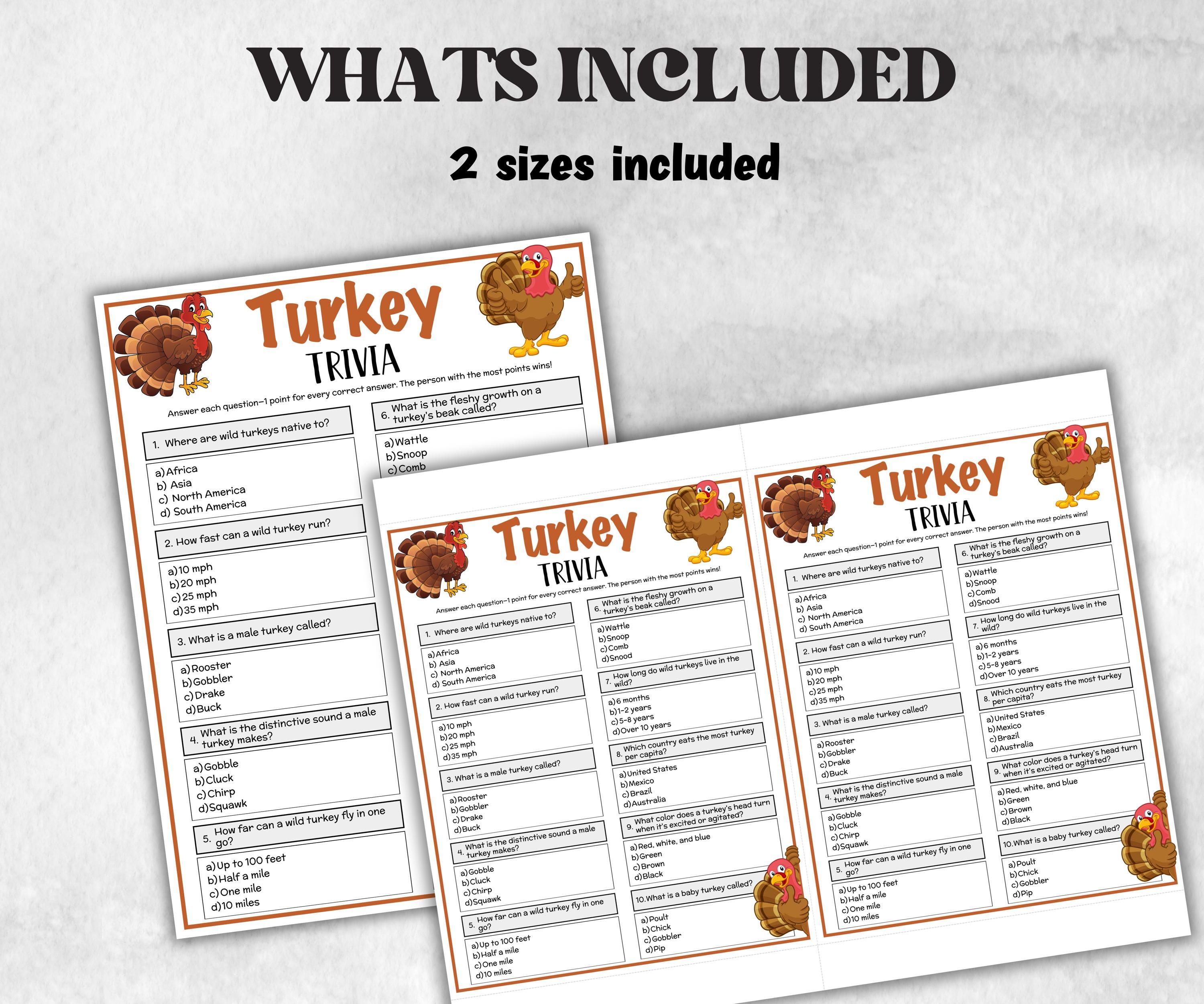 Turkey Trivia Game, Thanksgiving Fall Party Trivia Game, Friendsgiving Family Trivia Game for kids and adults, Printable Classroom Game fun-Holidays -TheHustlingCatLady-Party Games