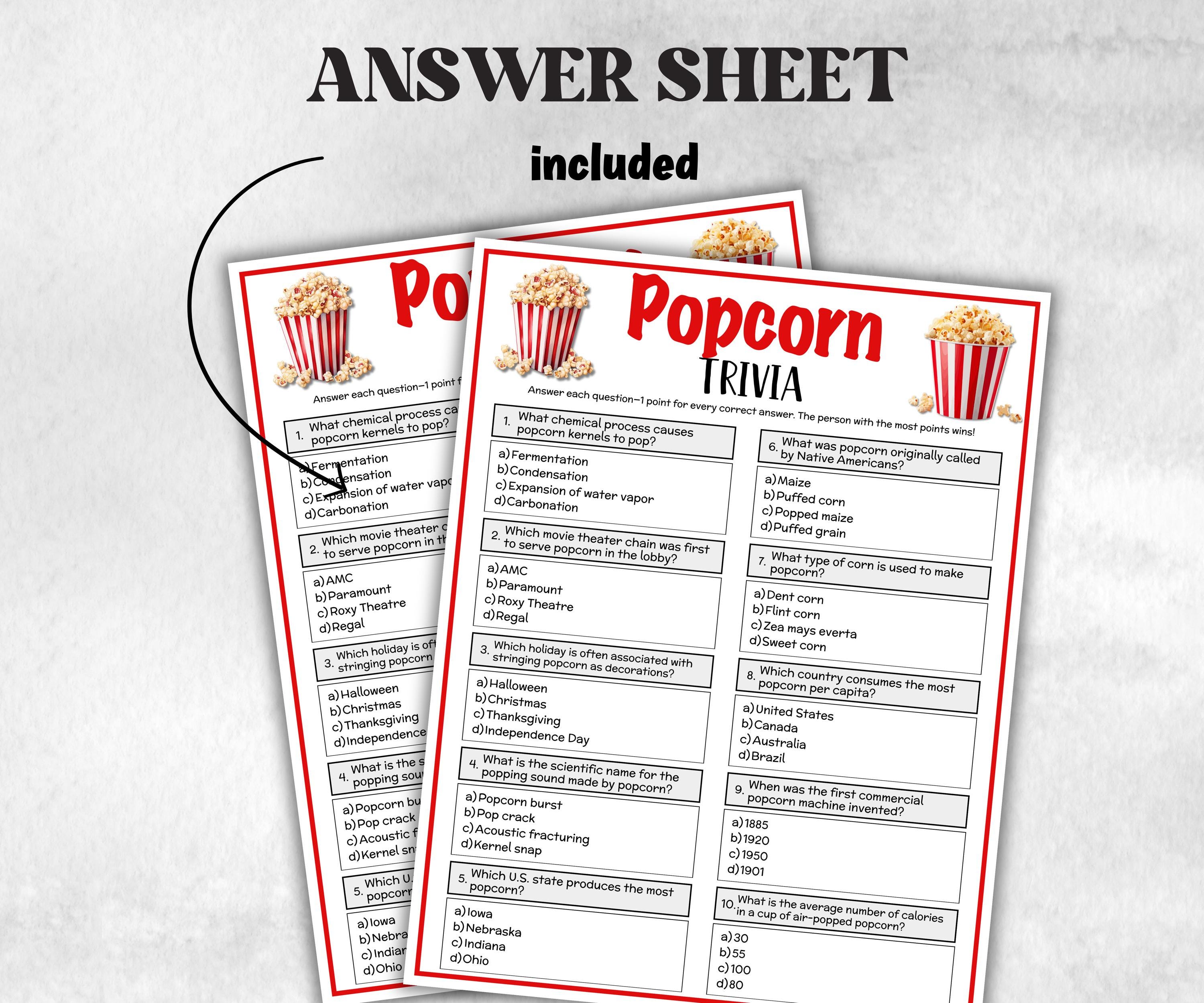 Printable Popcorn Trivia Game, Poprcorn Theme Birthday Activity, Seniors Game, Trivia Game Night, Family Reunion, Sunday School, Classroom-Holidays -TheHustlingCatLady-Party Games
