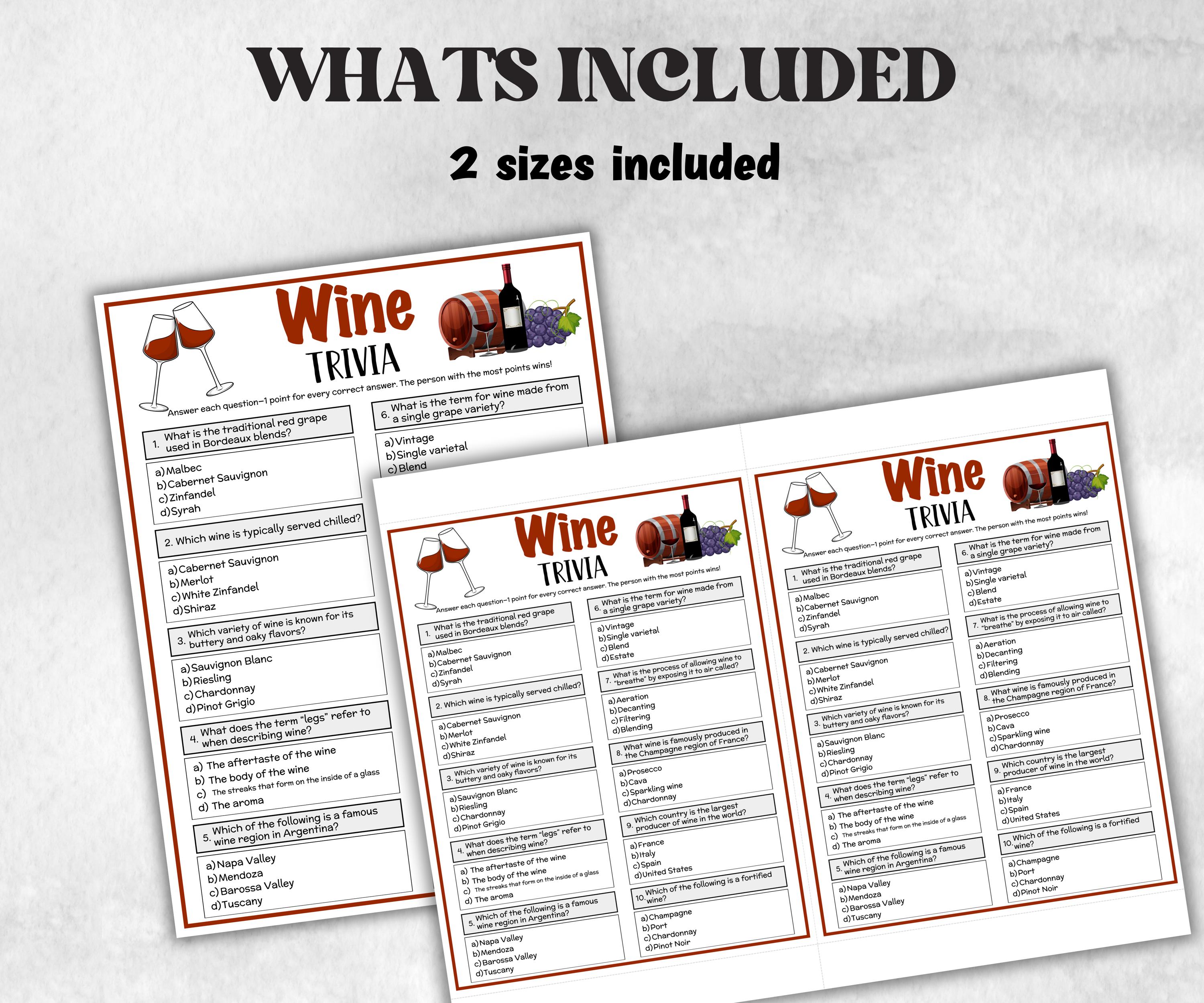 Printable Wine Trivia Game, Wine Theme Birthday Activity, Bridal Shower Trivia Game Night, Family Reunion, wine cheese party quiz, Classroom-Holidays -TheHustlingCatLady-Party Games