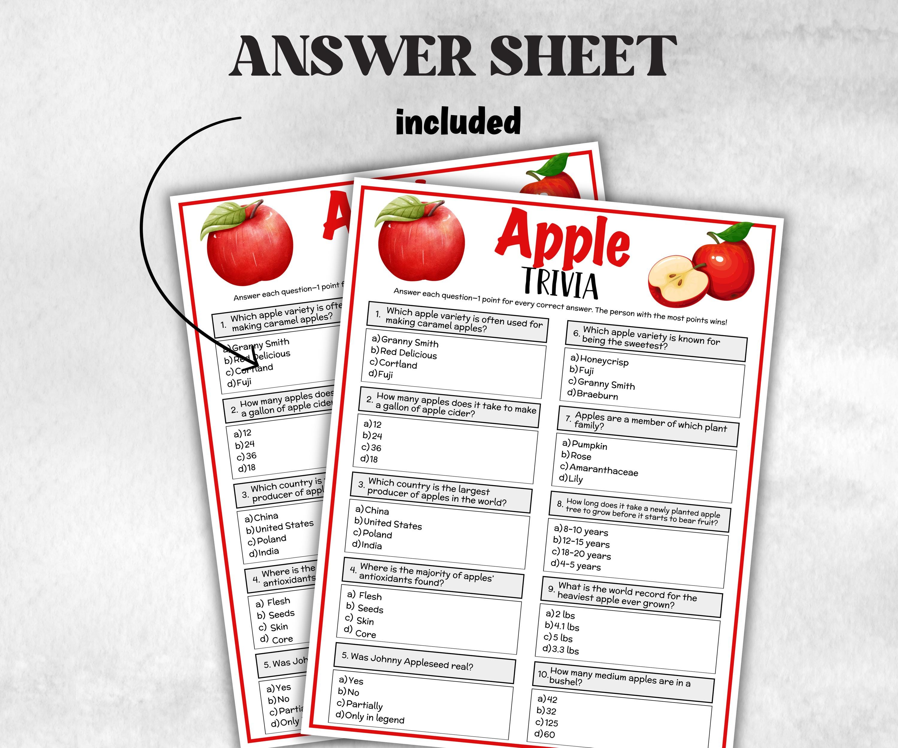 Printable Apple Trivia, Fall Apple Theme Birthday Activity, Trivia Game Night, Family Reunion, Holiday quiz, Halloween Classroom activity-Holidays -TheHustlingCatLady-Party Games