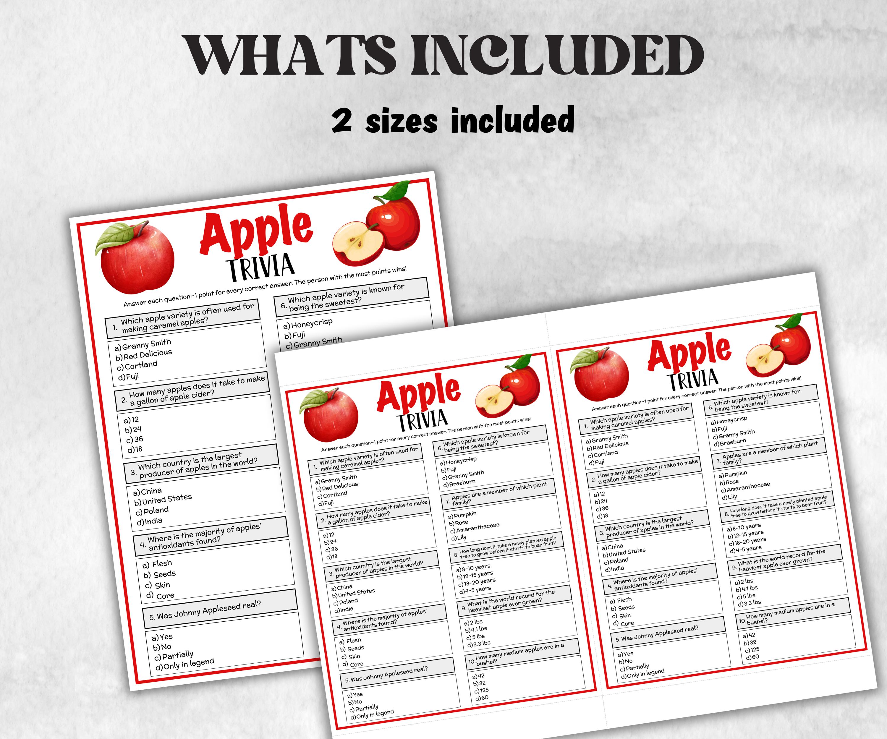 Printable Apple Trivia, Fall Apple Theme Birthday Activity, Trivia Game Night, Family Reunion, Holiday quiz, Halloween Classroom activity-Holidays -TheHustlingCatLady-Party Games