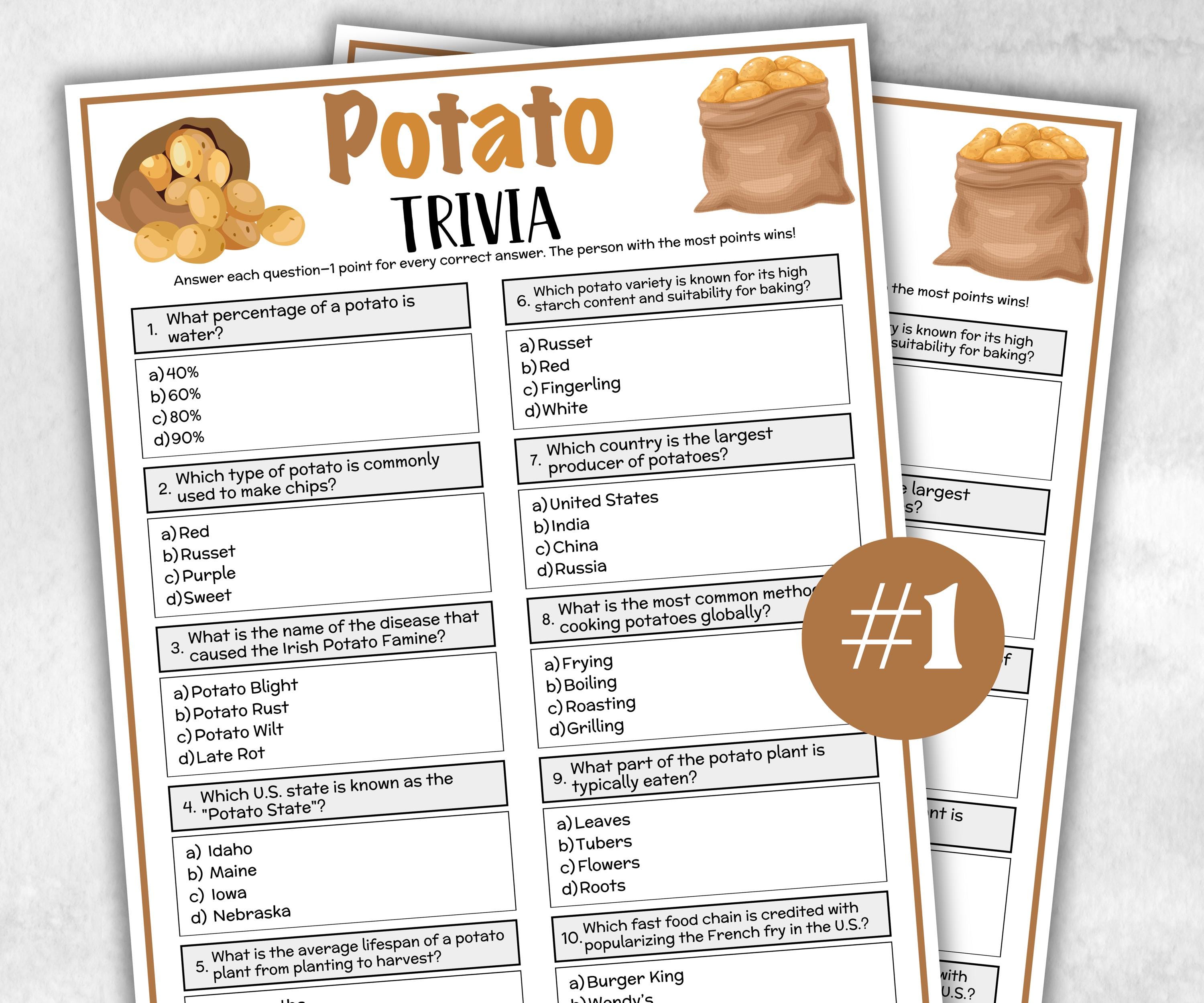 Printable Potato Trivia, Potato Theme Birthday Activity, Trivia Game Night, Family Reunion, Holiday quiz, national potato day, potato bar-Holidays -TheHustlingCatLady-Party Games