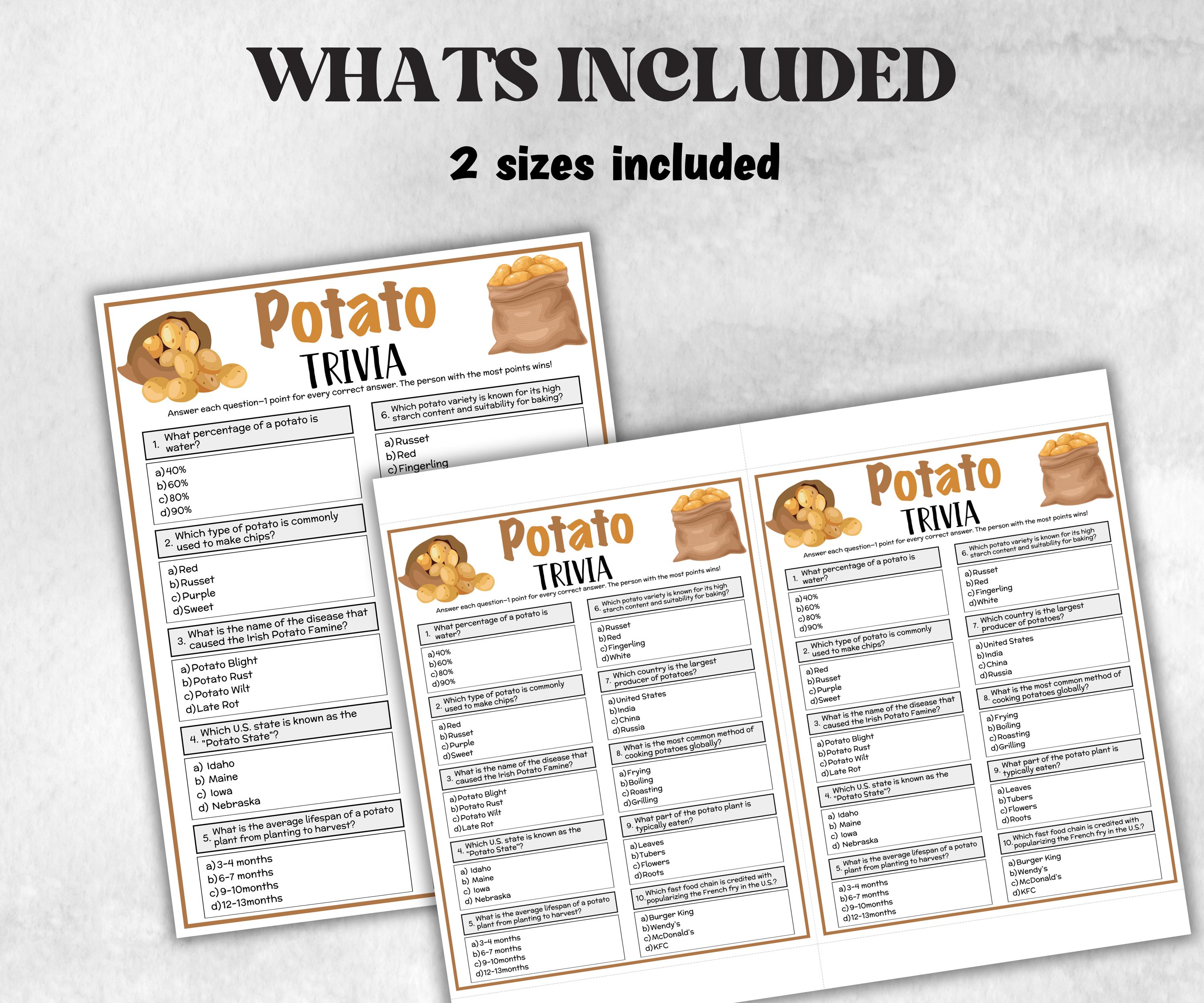 Printable Potato Trivia, Potato Theme Birthday Activity, Trivia Game Night, Family Reunion, Holiday quiz, national potato day, potato bar-Holidays -TheHustlingCatLady-Party Games