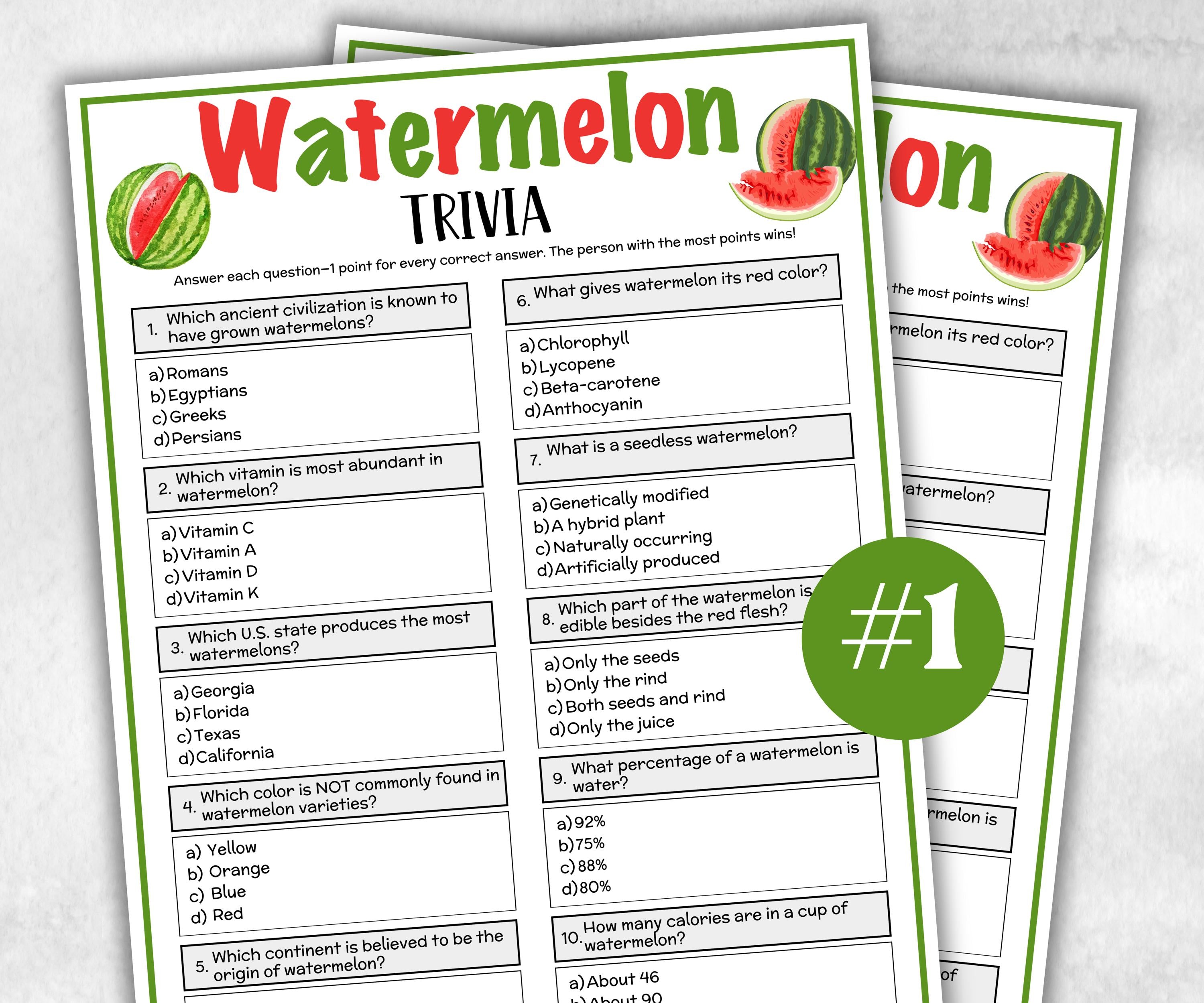 Printable Watermelon Trivia, Watermelon Theme Birthday Activity, Seniors Game, Trivia Game Night, Family Reunion, Classroom summer Spring-Holidays -TheHustlingCatLady-Party Games