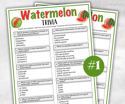 Printable Watermelon Trivia, Watermelon Theme Birthday Activity, Seniors Game, Trivia Game Night, Family Reunion, Classroom summer Spring-Holidays -TheHustlingCatLady-Party Games