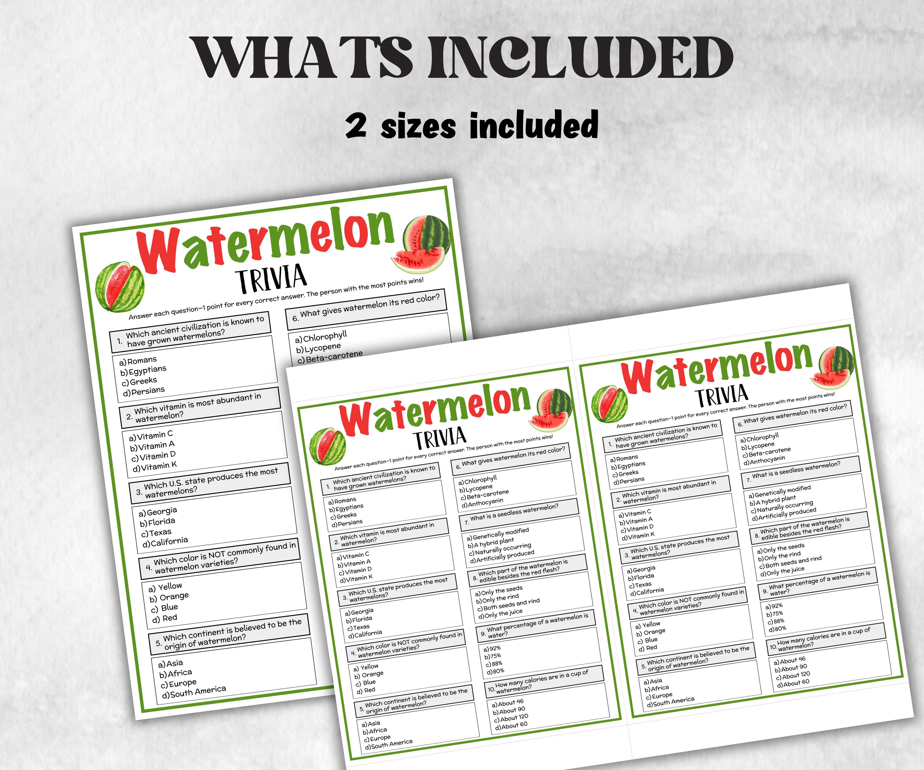 Printable Watermelon Trivia, Watermelon Theme Birthday Activity, Seniors Game, Trivia Game Night, Family Reunion, Classroom summer Spring-Holidays -TheHustlingCatLady-Party Games