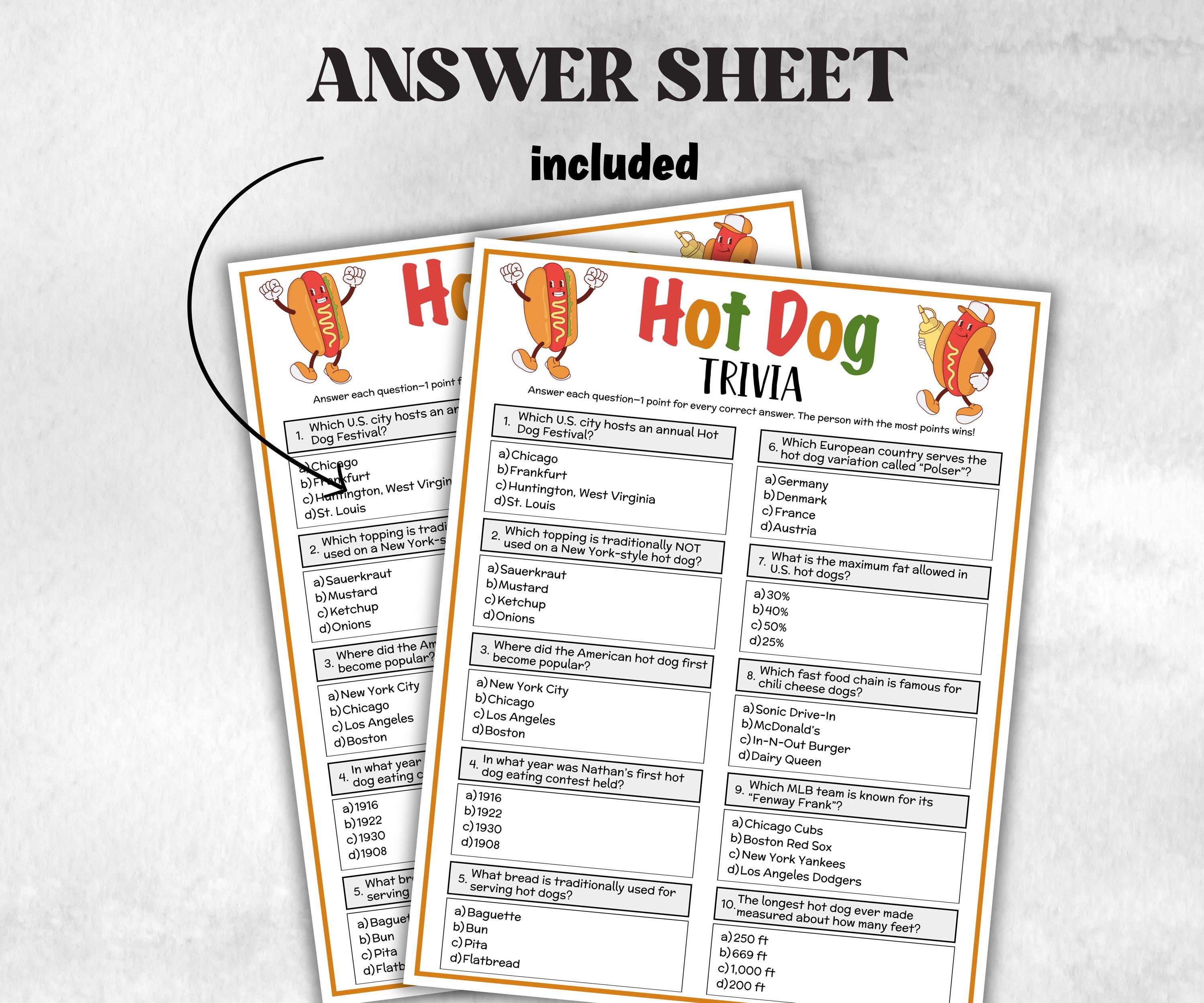 Printable Hot Dog Trivia, Hot Dog Theme Birthday Activity, Family Reunion, Classroom summer Spring, grilling wienerroast, summer icebreaker-Holidays -TheHustlingCatLady-Party Games