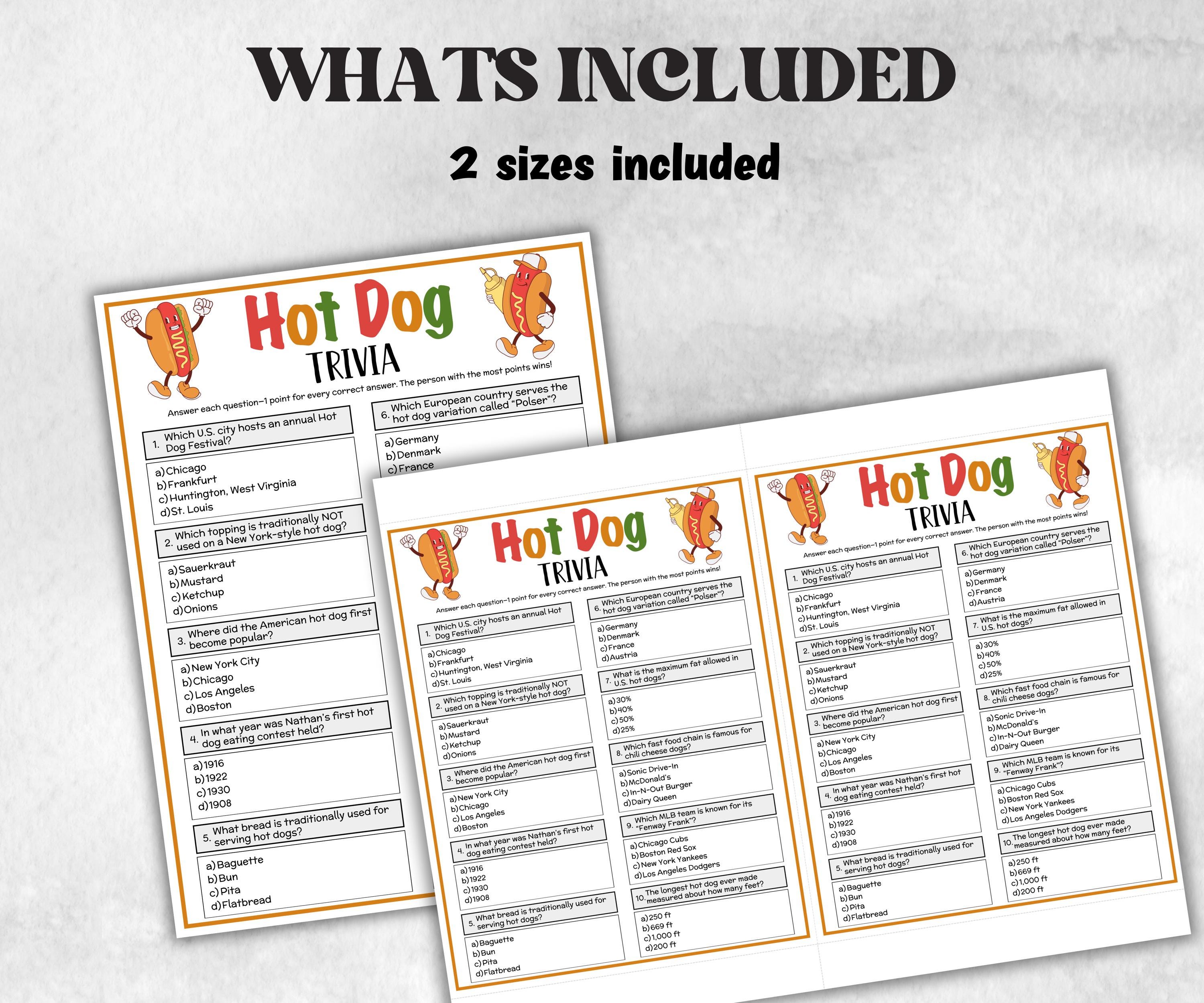 Printable Hot Dog Trivia, Hot Dog Theme Birthday Activity, Family Reunion, Classroom summer Spring, grilling wienerroast, summer icebreaker-Holidays -TheHustlingCatLady-Party Games