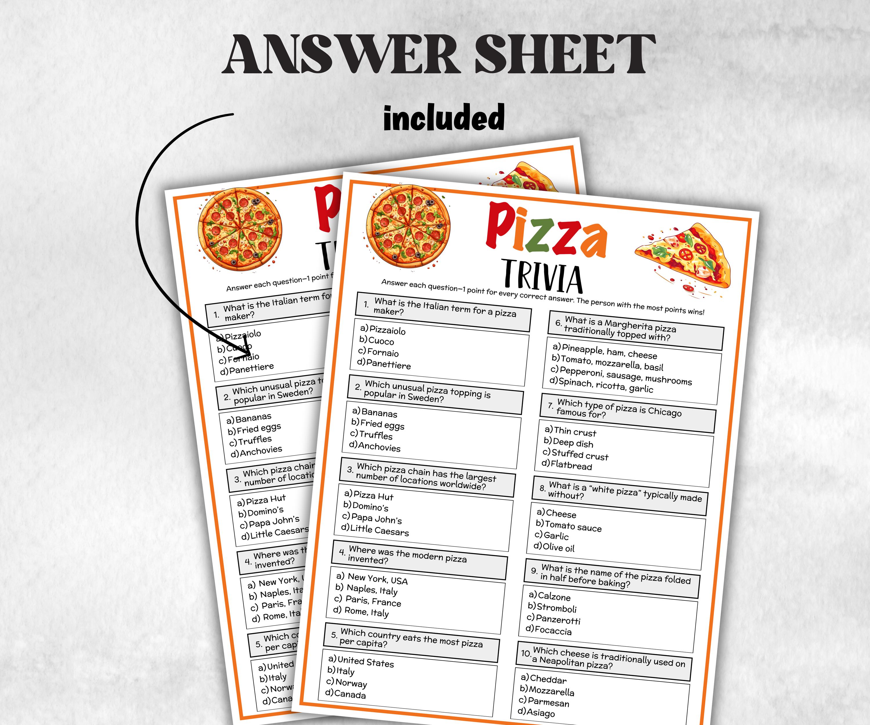 Printable Pizza Trivia, Pizza Theme Birthday Activity, Family Reunion, Classroom summer Spring dinner, teen pajama party, pizza baby show-Holidays -TheHustlingCatLady-Party Games