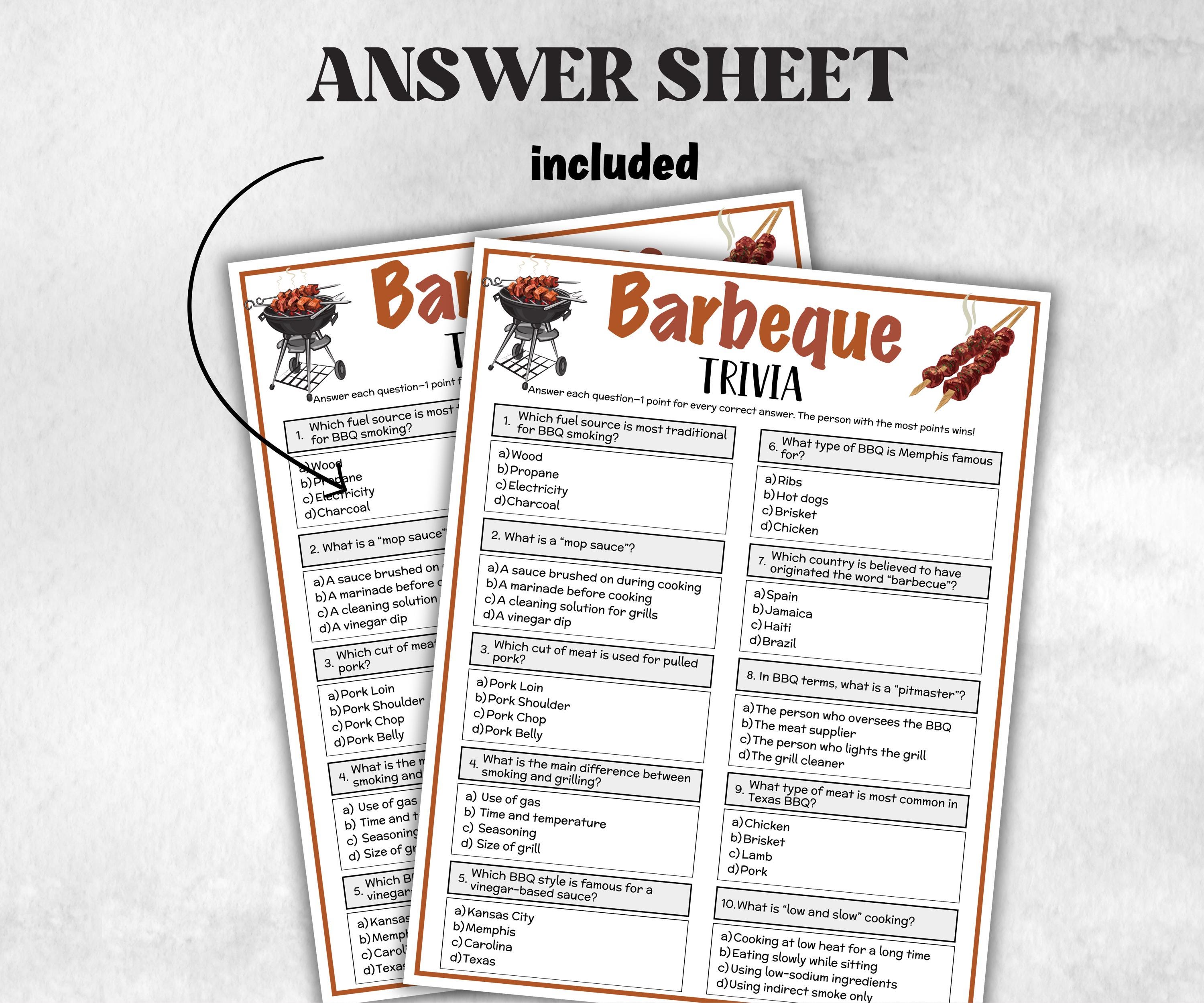 Printable Barbeque Trivia, Barbeque Theme Birthday Activity, Family Reunion, Classroom summer Grill dinner, teen pajama party, July 4th fun-Holidays -TheHustlingCatLady-Party Games