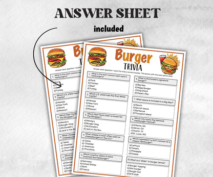 Printable Hamburger Trivia, Bbq Party, July 4Th Trivia, Summer Fast Food Party Games, Team Building, Family Game Night, Trivia Questions-Holidays -TheHustlingCatLady-Party Games